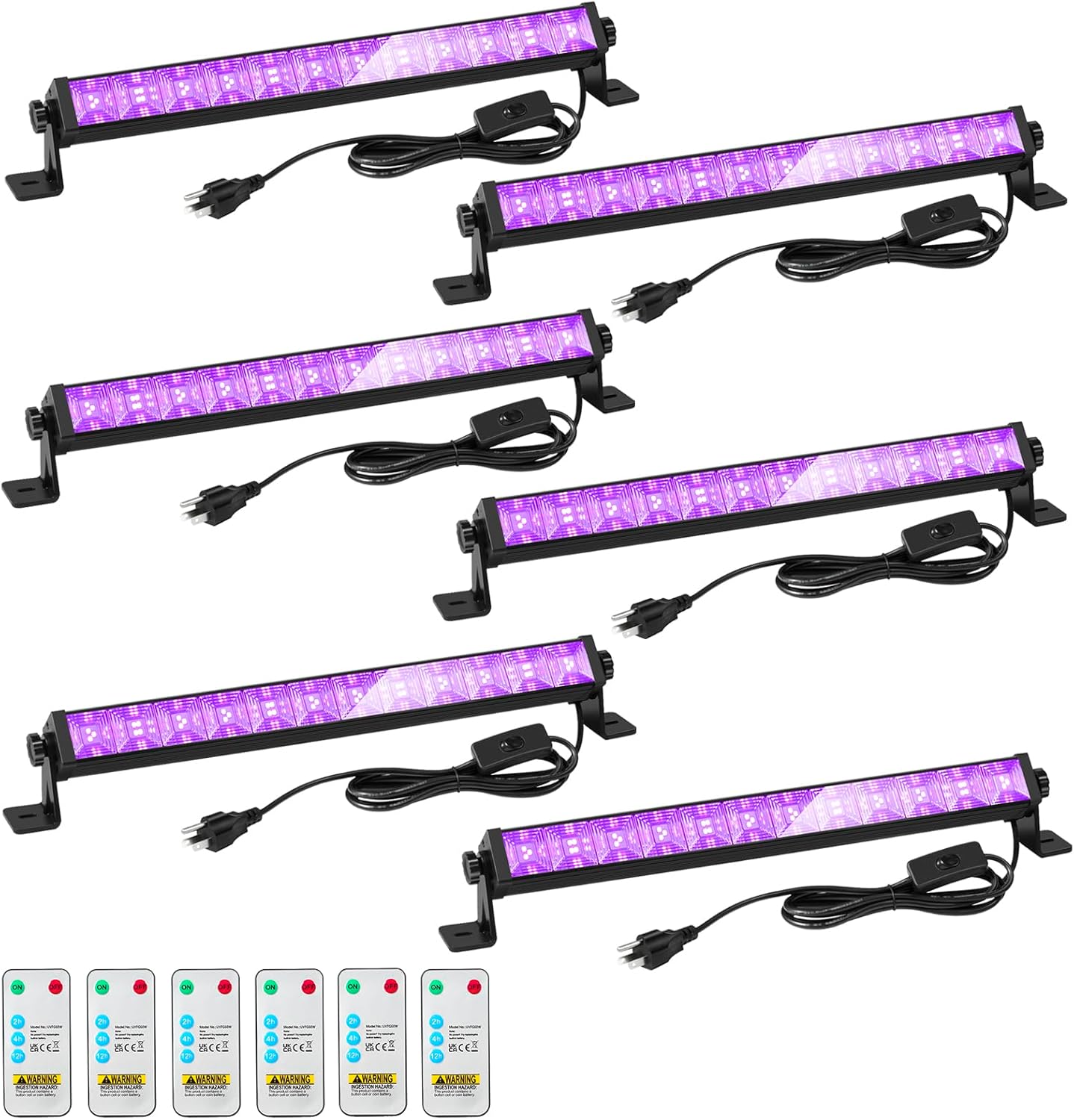 48W LED Black Light Bar with Remote and Switch,Blacklight Bars with Plug and 6.5ft Cord,Black Light for Glow Party,Halloween,Bedroom,6 Pack