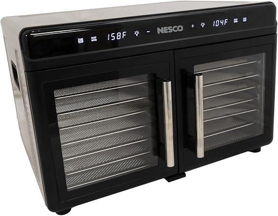 NESCO FD-16DZD Dual-Zone Food Dehydrator 16 Stainless Steel Trays, Independent Temp & Timer, Keep Warm, Inner Light, Jerky, Fruit, Herbs, 1200W