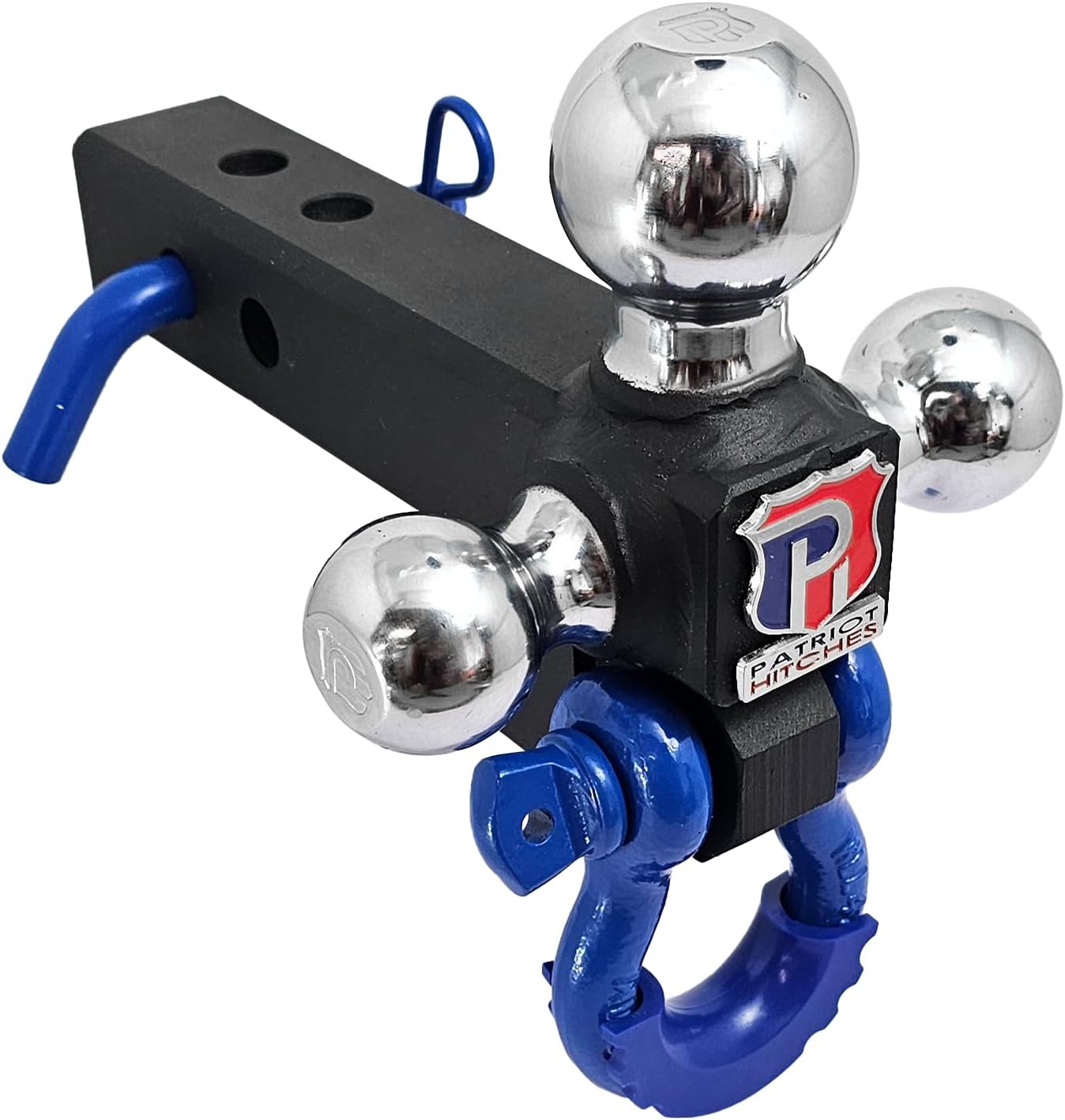 PATRIOT HITCHES The Captain 4 in 1 Adjustable Trailer Hitch Receiver- Solid Universal Tri-Ball Mount, Heavy Duty Ball Hitch for Trucks, Class V Triball Hitch, 30,000 Lbs. (Texture - Blue - Chrome, 2")