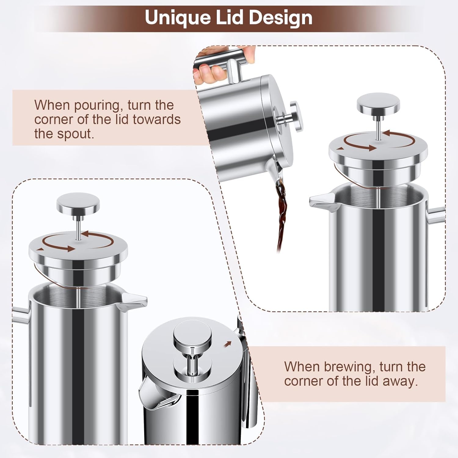NVIYAM Caffettiera French Press in acciaio inox, 1000 ml, pressa francese a doppia parete, isolata, per la casa, il campeggio e l'ufficio