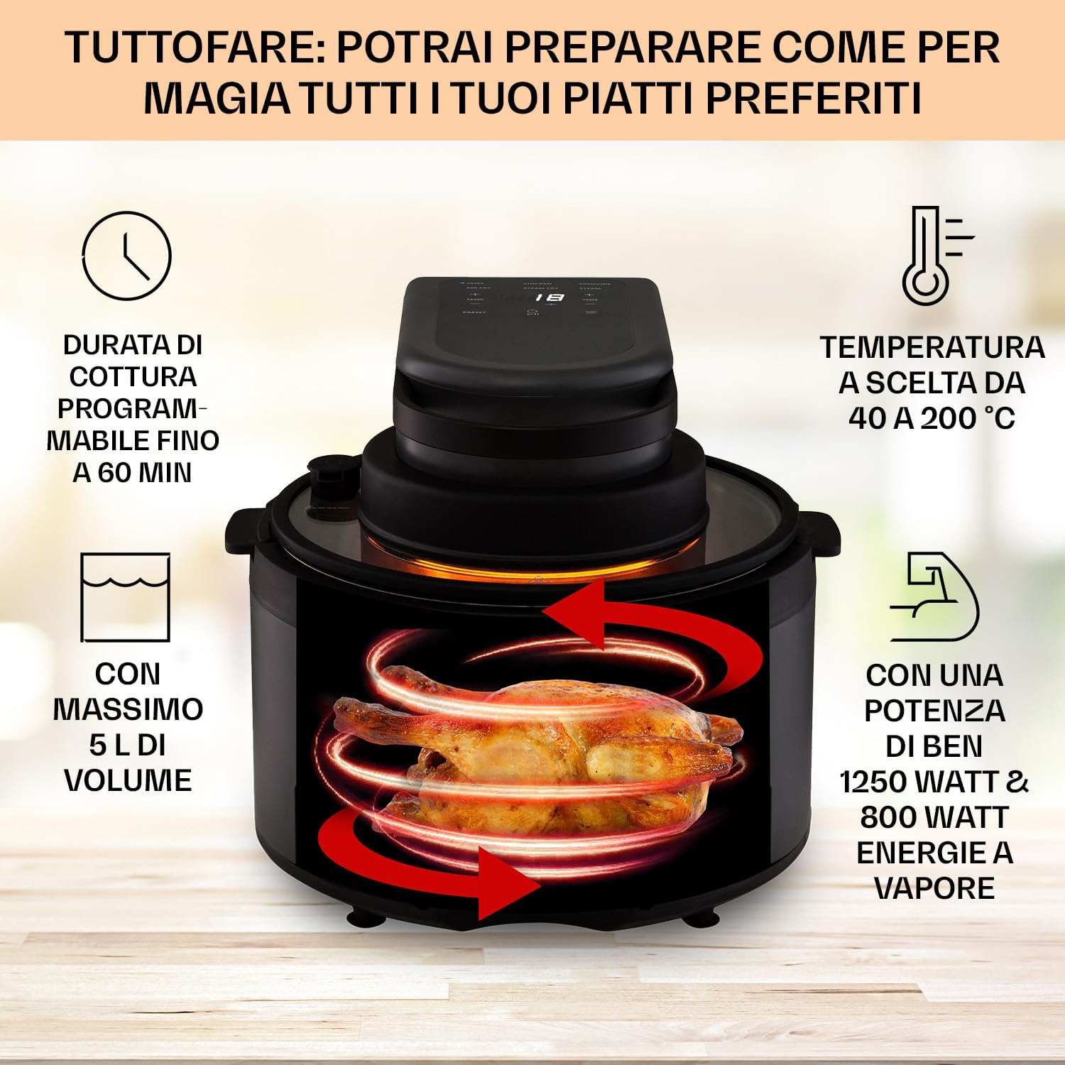 Klarstein Friggitrice ad Aria 2 in 1 con Funzione Vapore, Air Fryer 1250W, Friggitrice ad Aria Calda Touch, Friggitrice Elettrica 6 Programmi, Timer, Accessori Extra, Friggitrice Aria e Vaporiera 5L Klarstein Friggitrice ad Aria 2 in 1 con Funzione Vapore, Air Fryer 1250W, Friggitrice ad Aria Calda Touch, Friggitrice Elettrica 6 Programmi, Timer, Accessori Extra, Friggitrice Aria e Vaporiera 5L