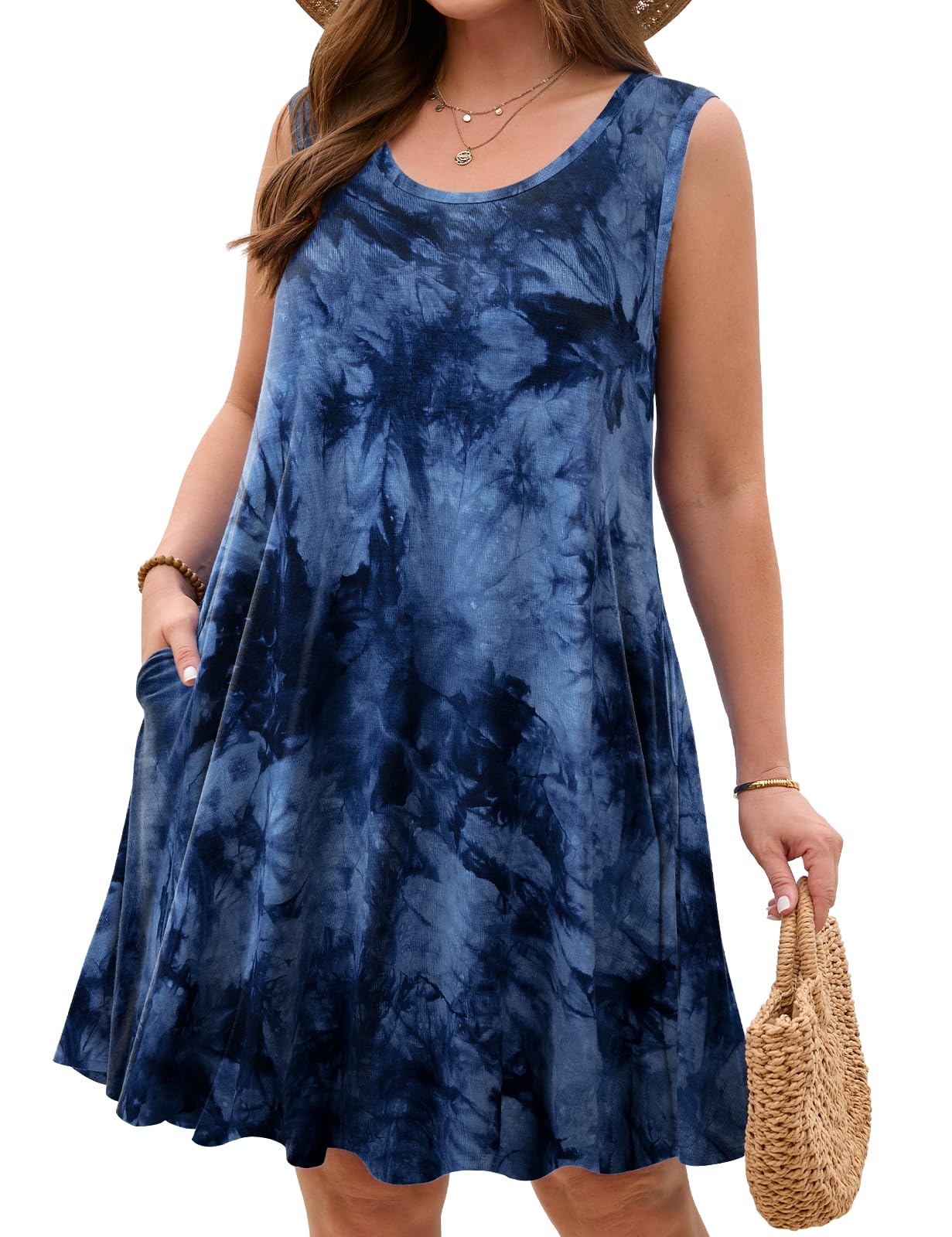 JollieLovin Women Plus Size Curvy Summer Tank Sun Dresses Sleeveless Causal T-Shirt Dress Beach Swing Cover up(L-5X)