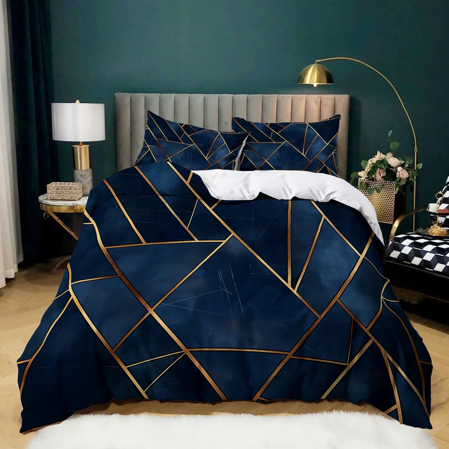 Azul Marino Funda Nordica Cama 105 patrón geométrico Dorado Juego de Ropa de Cama de 3 Piezas Microfibra Suave Moderno 200x200 cm Juego de Fundas Edredón con 2 Funda de Almohada