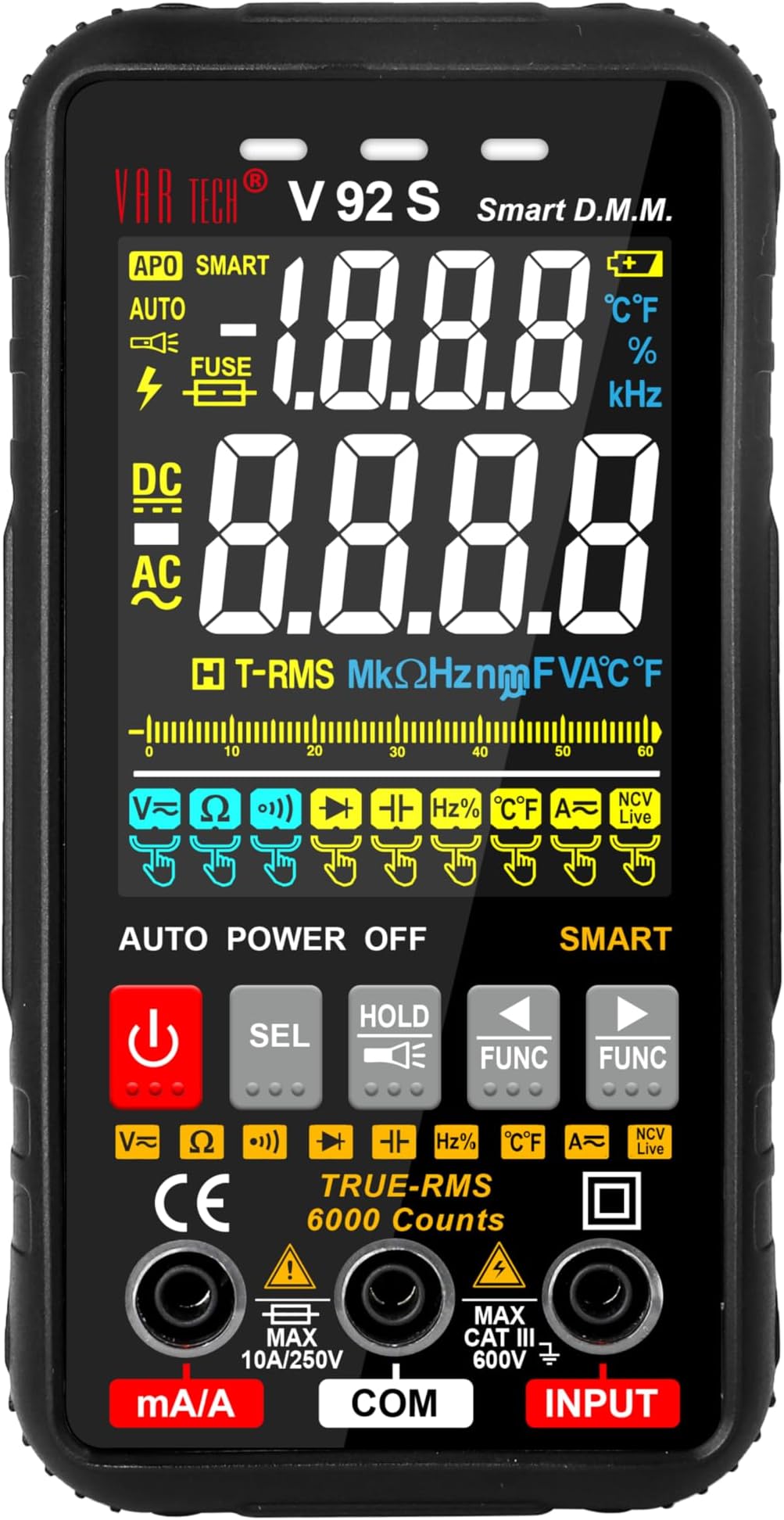 - V 92 S Smart Digital Multimeter True RMS Fully Auto 6000 Counts HD Display, 600 V AC DC 10 A AC DC, Resistance Frequency Continuity Capacitance Temperature tests with NCV
