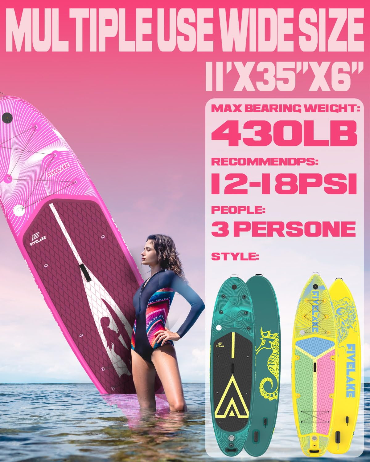 FIVELAKE Tavola gonfiabile per adulti, 335 cm, con accessori per paddleboard SUP, pagaia regolabile, pompa, zaino da viaggio, guinzaglio, borsa impermeabile