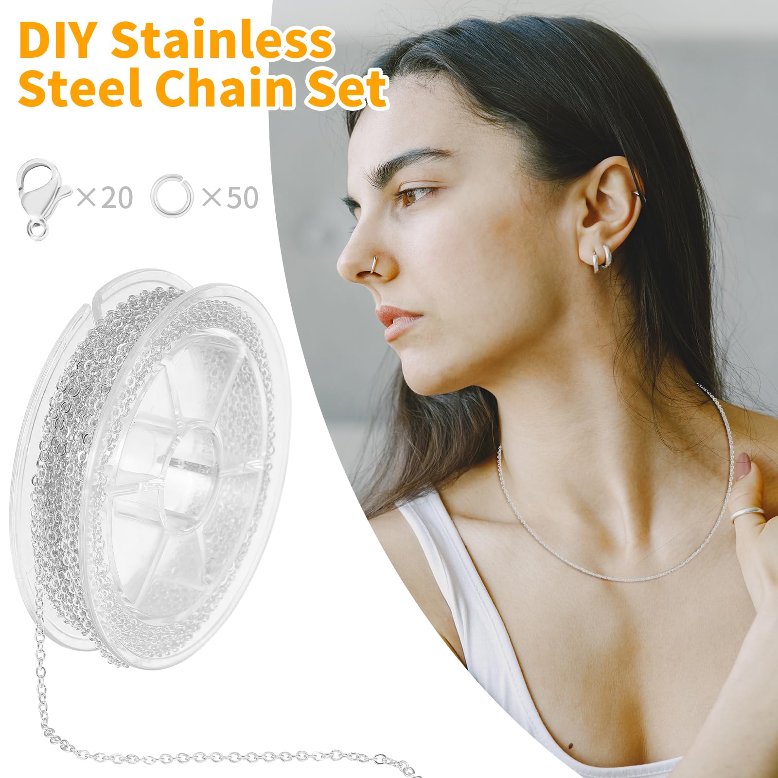 COMNICO 16.4ft Stainless Steel Chain 2.4mm Jewelry Cable Link Chain Roll DIY Craft Supplies Findings with 20pcs Lobster Clasps 50pcs Jump Rings for Making Necklace Earring Bracelet (Silver) - Image 4