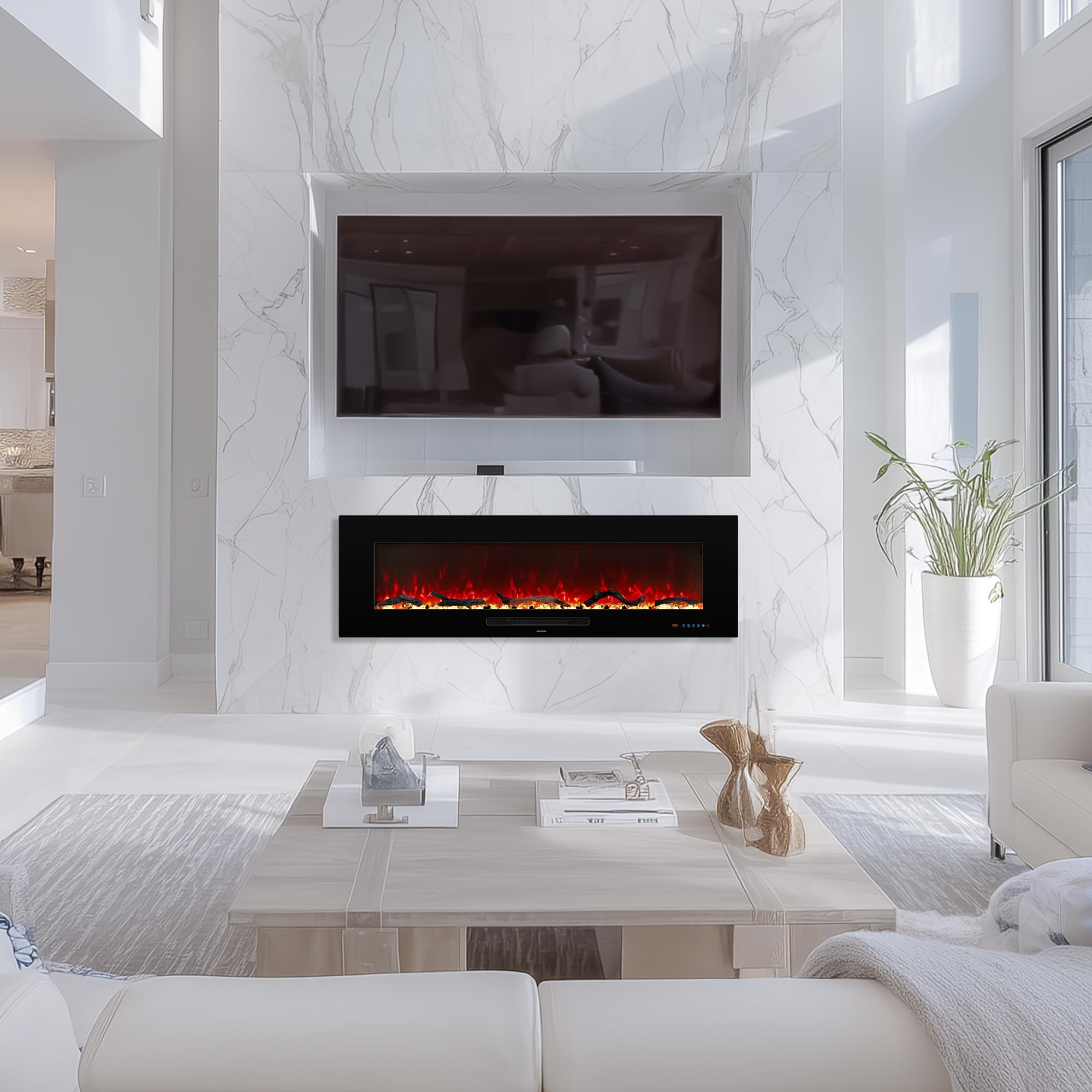 Elektrokamin Wandmontage, 13 Farbmodi LED flammeneffekt, Timer - Funktion, 152 cm Kamin Heizung Glas-Touchscreen und Fernbedienung,1500W(60")