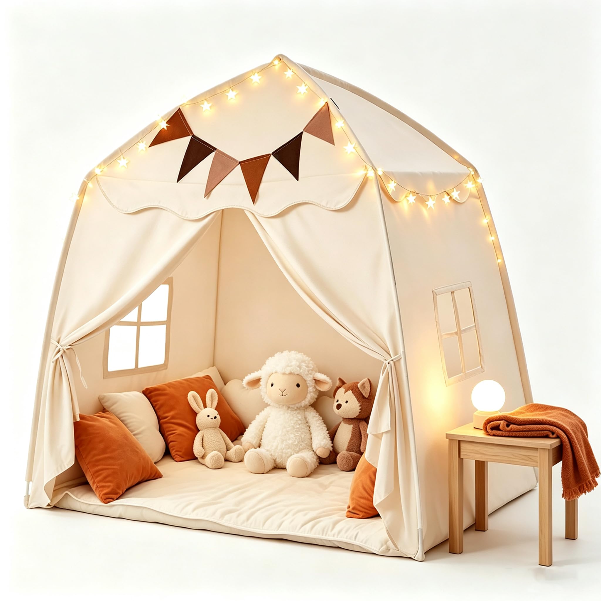 CAIEJSAEN Play Tent with Lights, Cloth Banners, Windows, Large Indoor Playhouse for Boys and Girls, Toddler Toy House Gift (Beige)