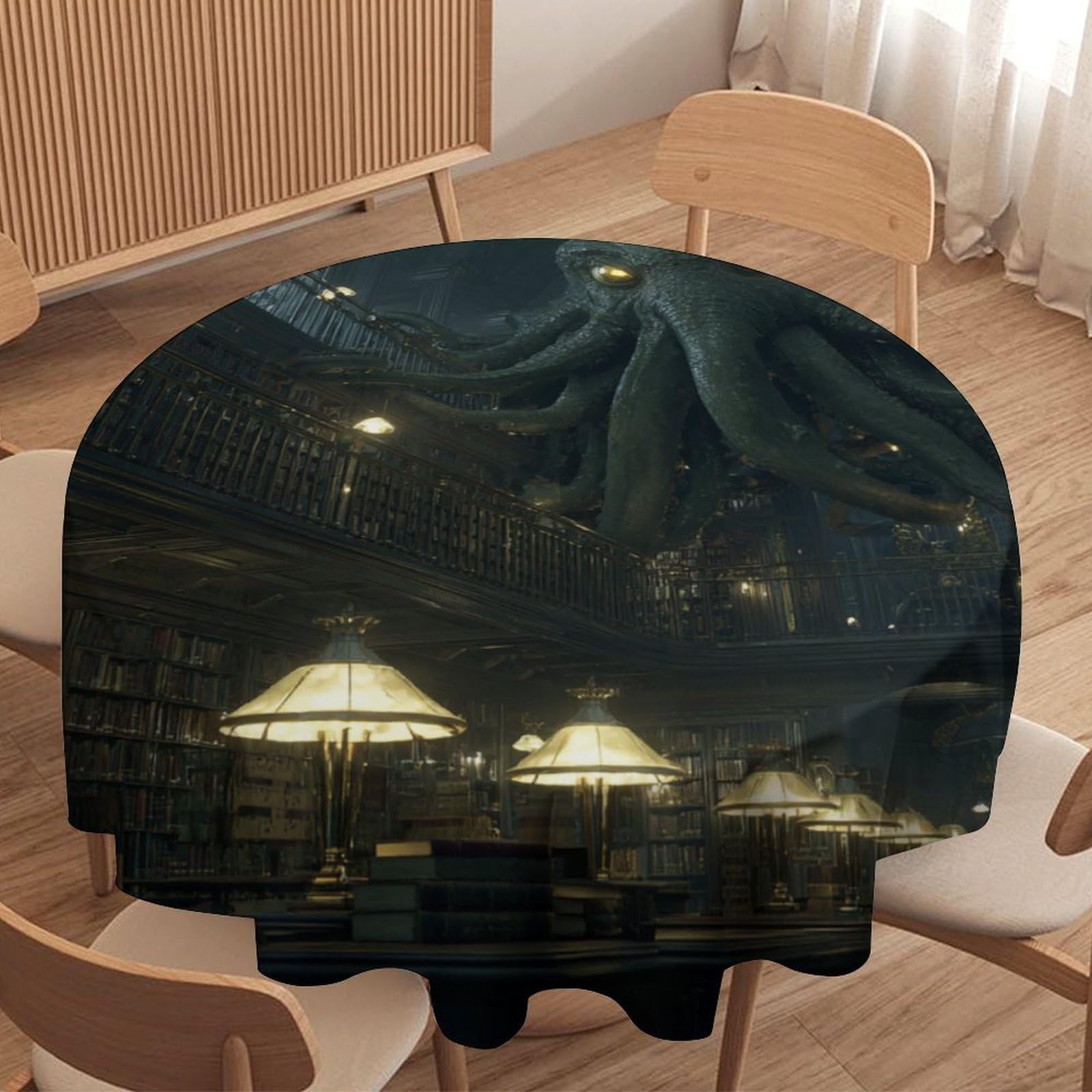 Luyysky Vintage Abstract Sea Octopus Waterproof Round Tablecloth Retro Classic Animal Octopus Library Bookshelves Washable Table Cover For Kitchen-127 Wx127 L Cm