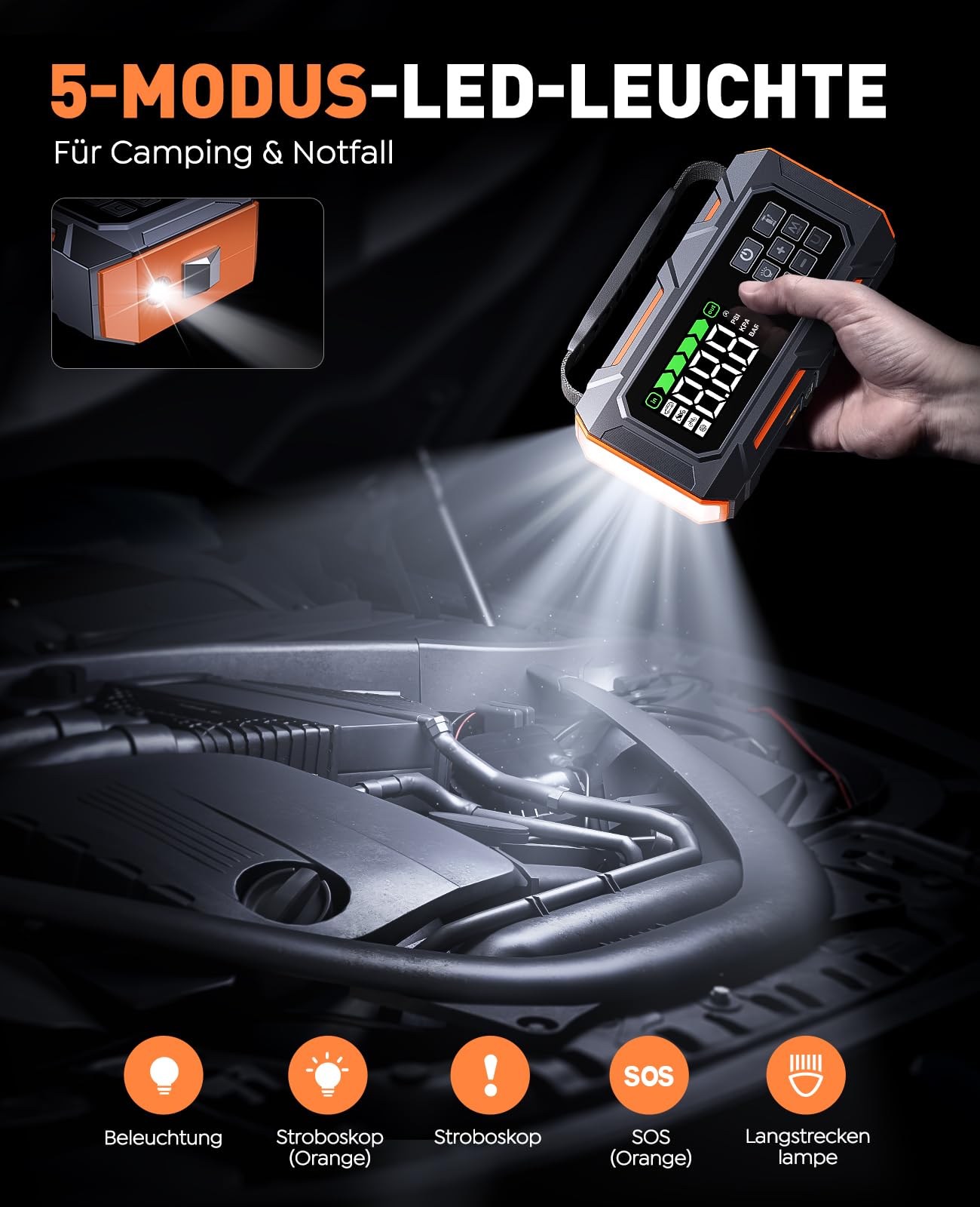 14-In-1 8000A Starthilfe Powerbank für Pkw mit Kompressor 160PSI, 26800mAh Auto Starthilfe mit Notfall Kit, Starter Powerbank für All Benzin/12L Diesel, 5 LED-Licht, Reifenreparaturset, Notfallhammer