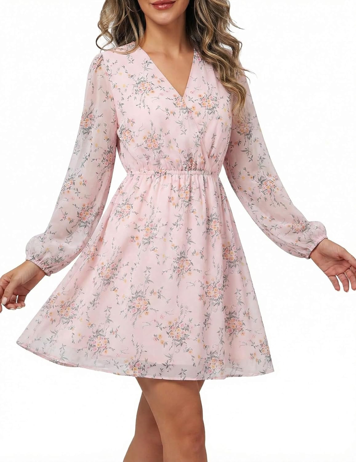 DERAX Women's Boho Floral Mini Dresses Fall V Neck Chiffon Long Peasant Sleeves 2026 Spring Short Dress