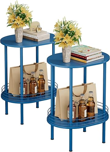 Miniatura 18 de Mesa auxiliar redonda pequeña y moderna con almacenamiento, mesas auxiliares de 2 niveles, mesita de noche resistente para espacios pequeños, sala