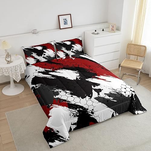 Miniatura 9 de Juego de edredón geométrico, juego de ropa de cama de camuflaje negro y azul, campaña abstracta hexagonal del ejército colmena de colmena de abeja,