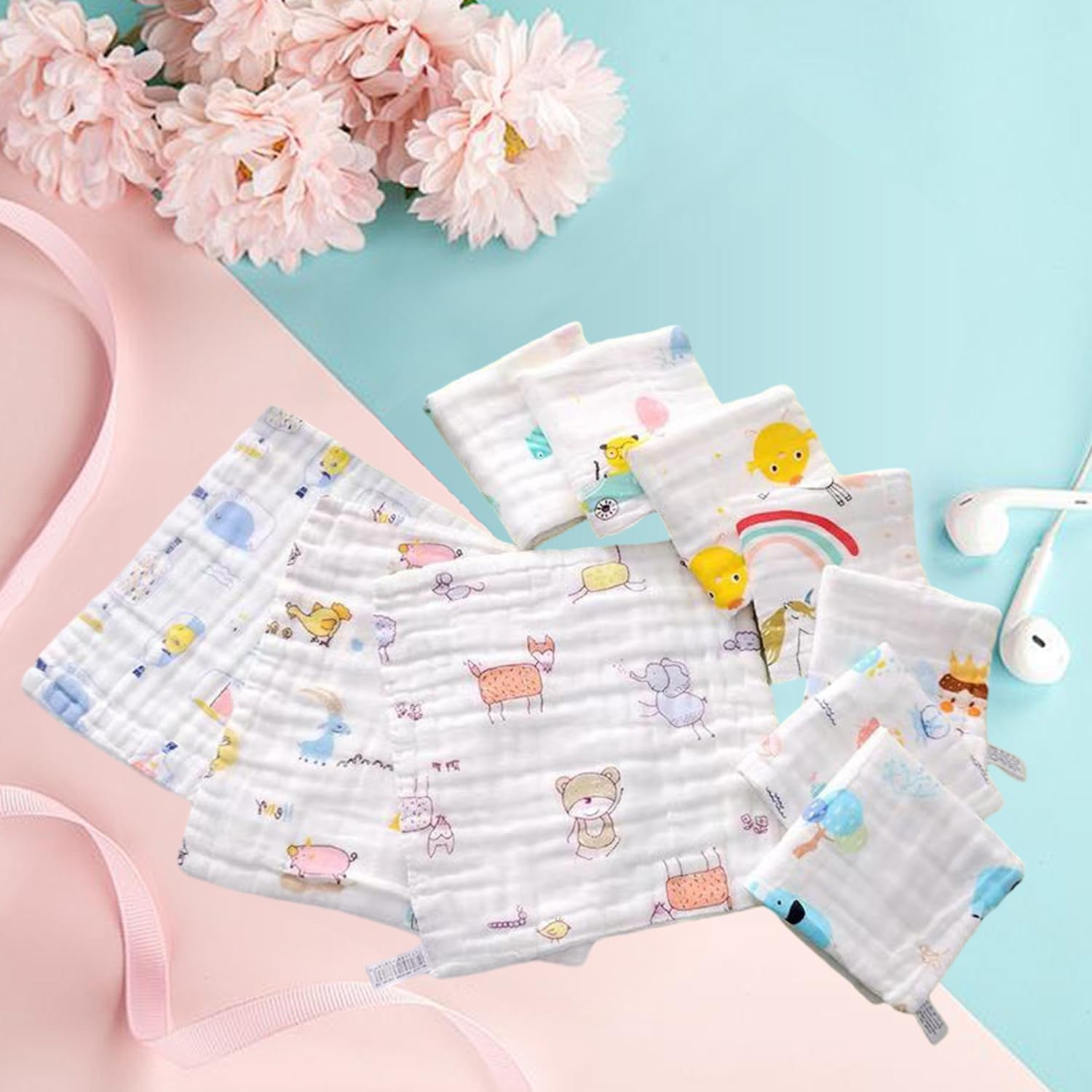 Lubastia 10-Pack Muslin Cotton Cloths, Ultra-Soft & Absorbent 25x25CM for Baby Care Feeding, and Bathing, Color - Image 4