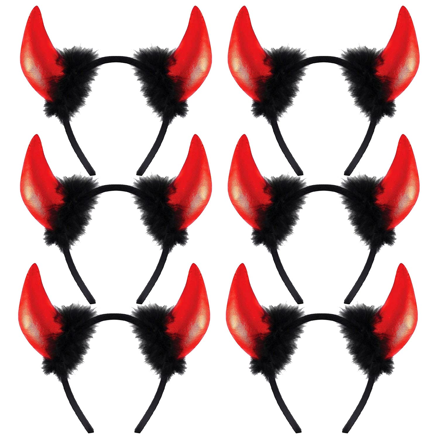 AKHKids Devil Horns with Fur Headband | One Size Fits All | Halloween Devil Horns Headband Fancy Party Accessories | Halloween Headbands Head Boppers Hair Hoop Hair Band Headdress | Pack of 6