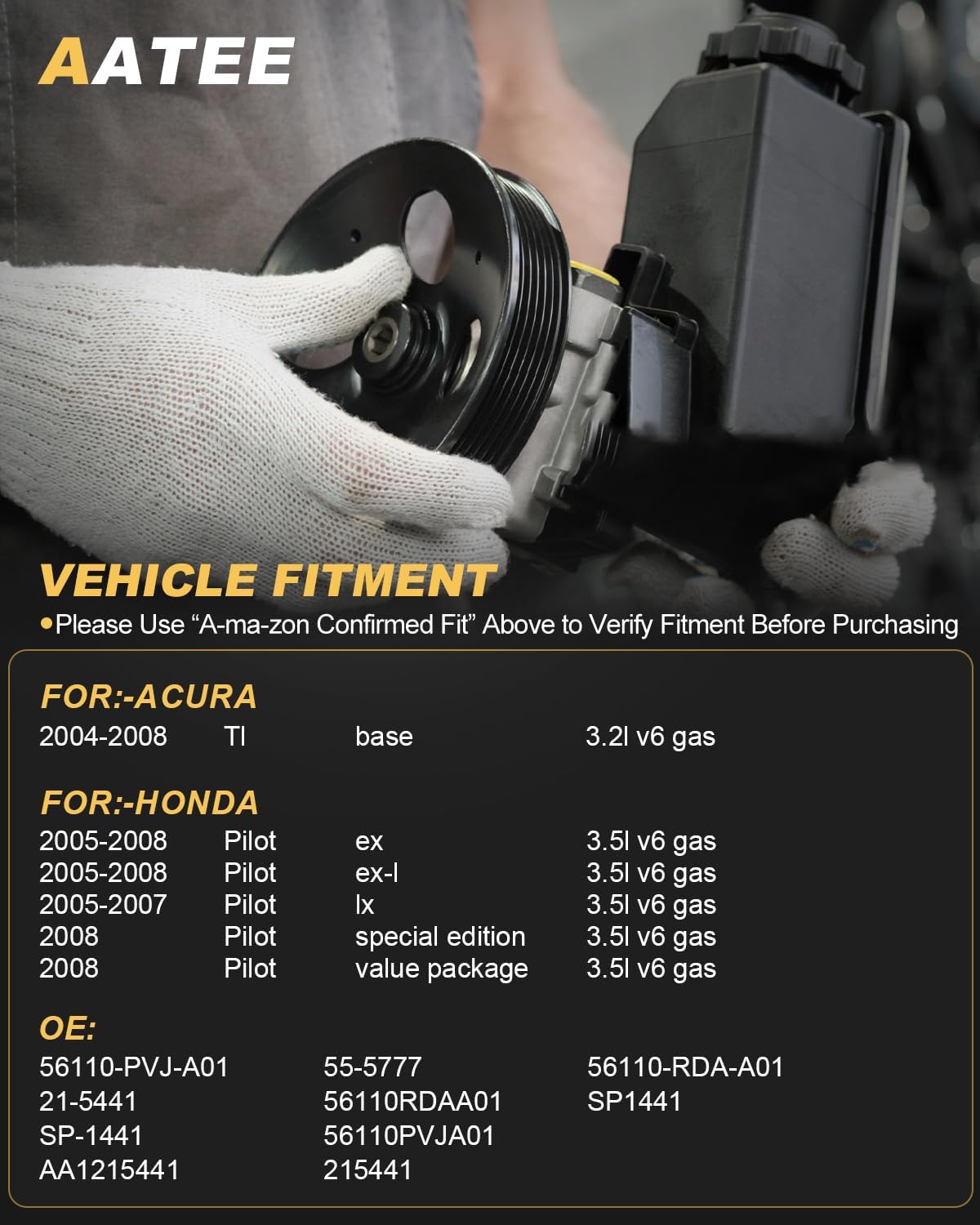 AATEE 56110-PVJ-A01 Power Steering Pump for:-Honda Pilot 2005 2006 2007 2008 3.5L V6, for:-Acura TL 2004 2005 2006 2007 2008 3.2L V6 Replace# 56110-PVJ-A01, 21-5441, SP-1441, AA1215441