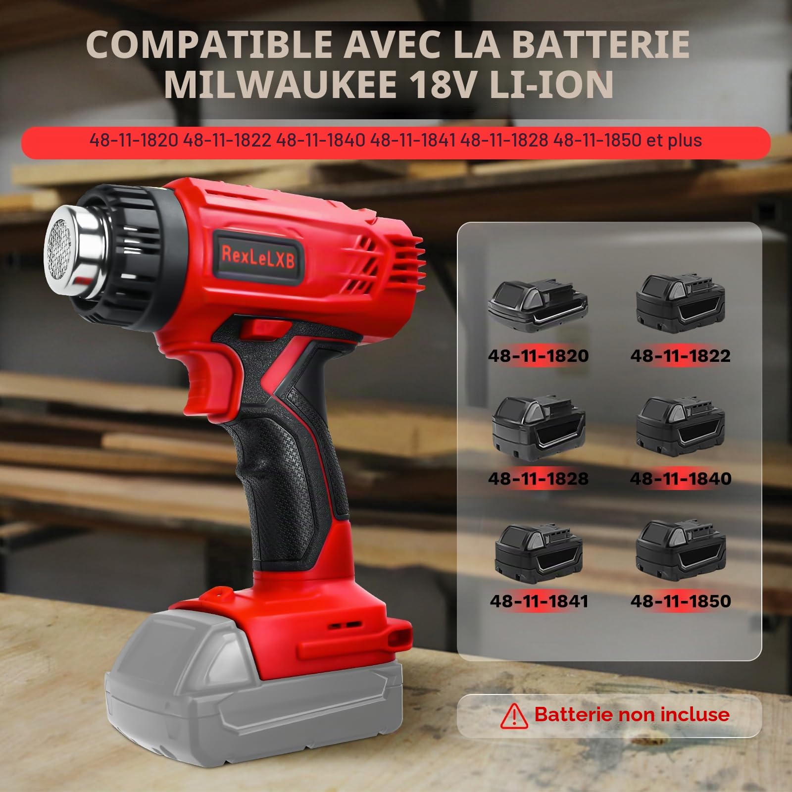 Pistolet à air chaud sans fil à écran pour Milwaukee 18 V Li-ion 400 W 1022 ℉ (550 ℃) Pistolet à air chaud avec protection contre les surcharges, 4 embouts de buse pour souder, bricoler