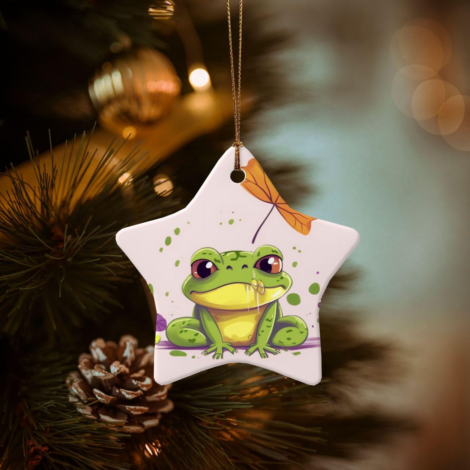 Christmas Tree Ornaments Ceramics Christmas Decorations Leaves and Frog Ornaments with Gold Ribbon Porcelain Xmas Tree Crafts Star Shape Hanging Pendant for Christmas Tree Party Decor