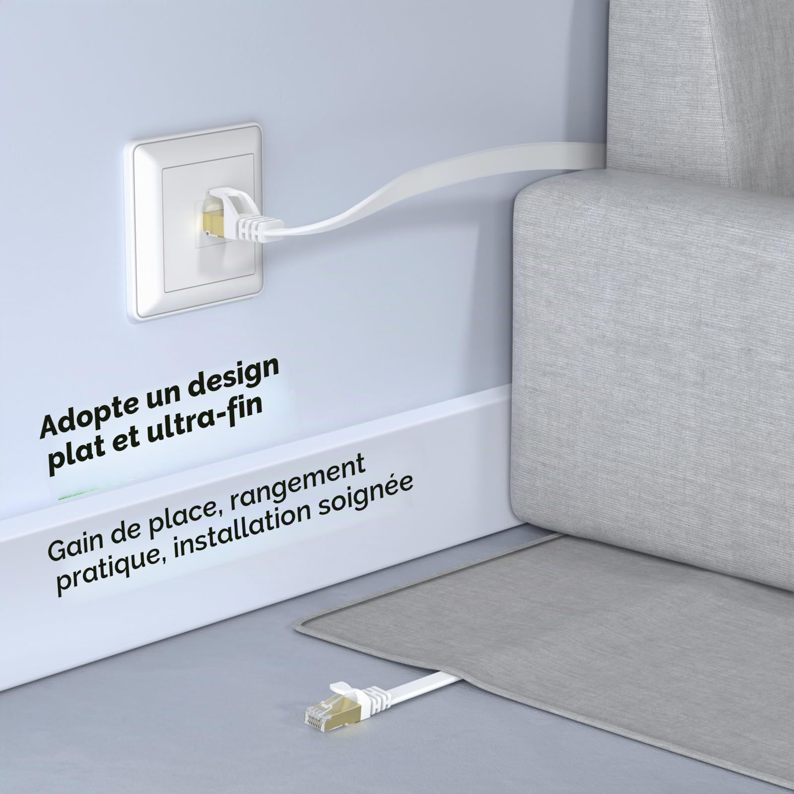 Câble Ethernet Cat 8 20M, Câble Réseau LAN Gigabit RJ45 Plat Haute Vitesse 40Gbps 2000MHz Blanc