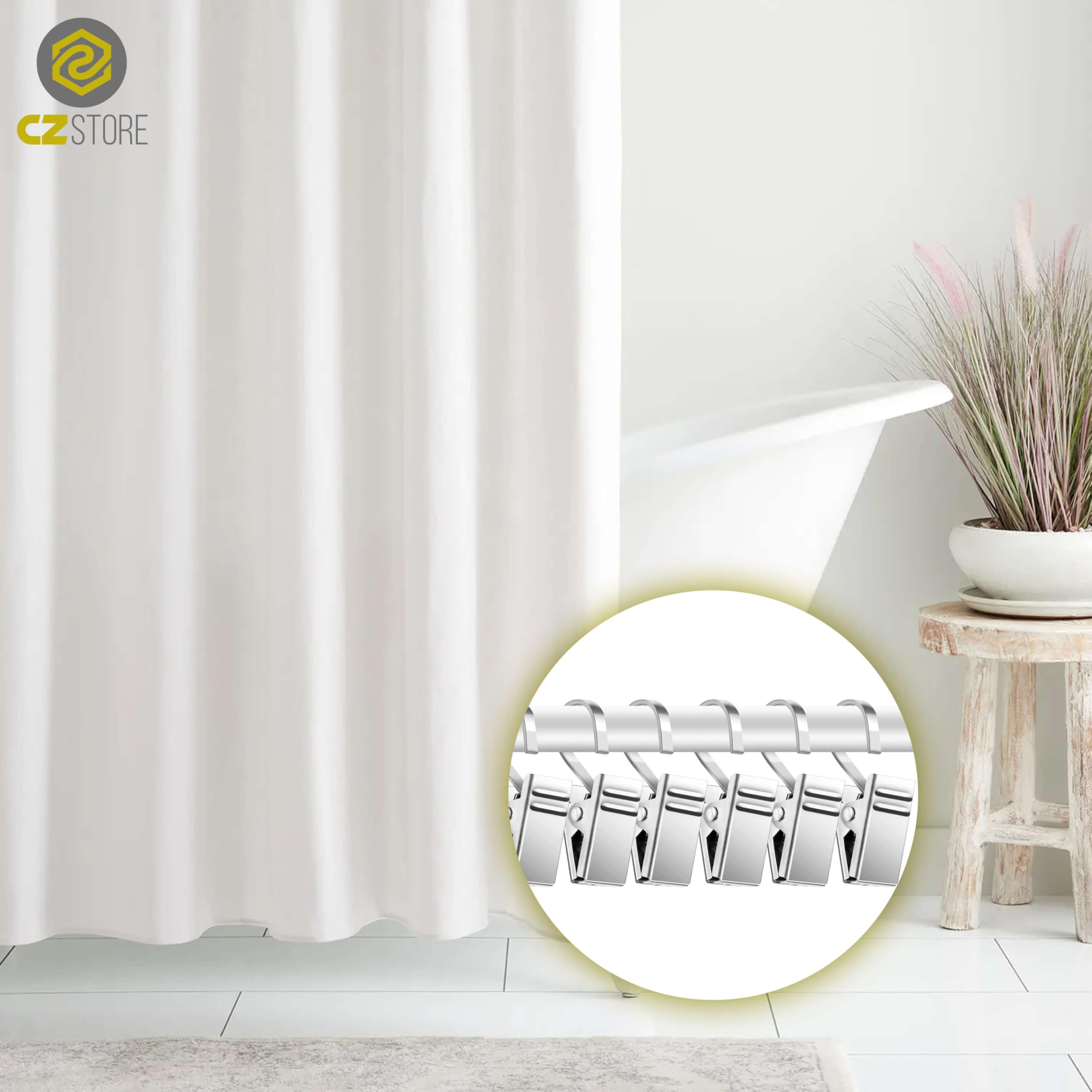 Clip per Tende con Gancio -✮GARANZIA A VITA✮- Confezione da 12 Clip a Molla - Ganci per Tenda Doccia - Mollette in Acciaio Inox per Tendaggi e Decorazioni da Parete, Superficie Liscia