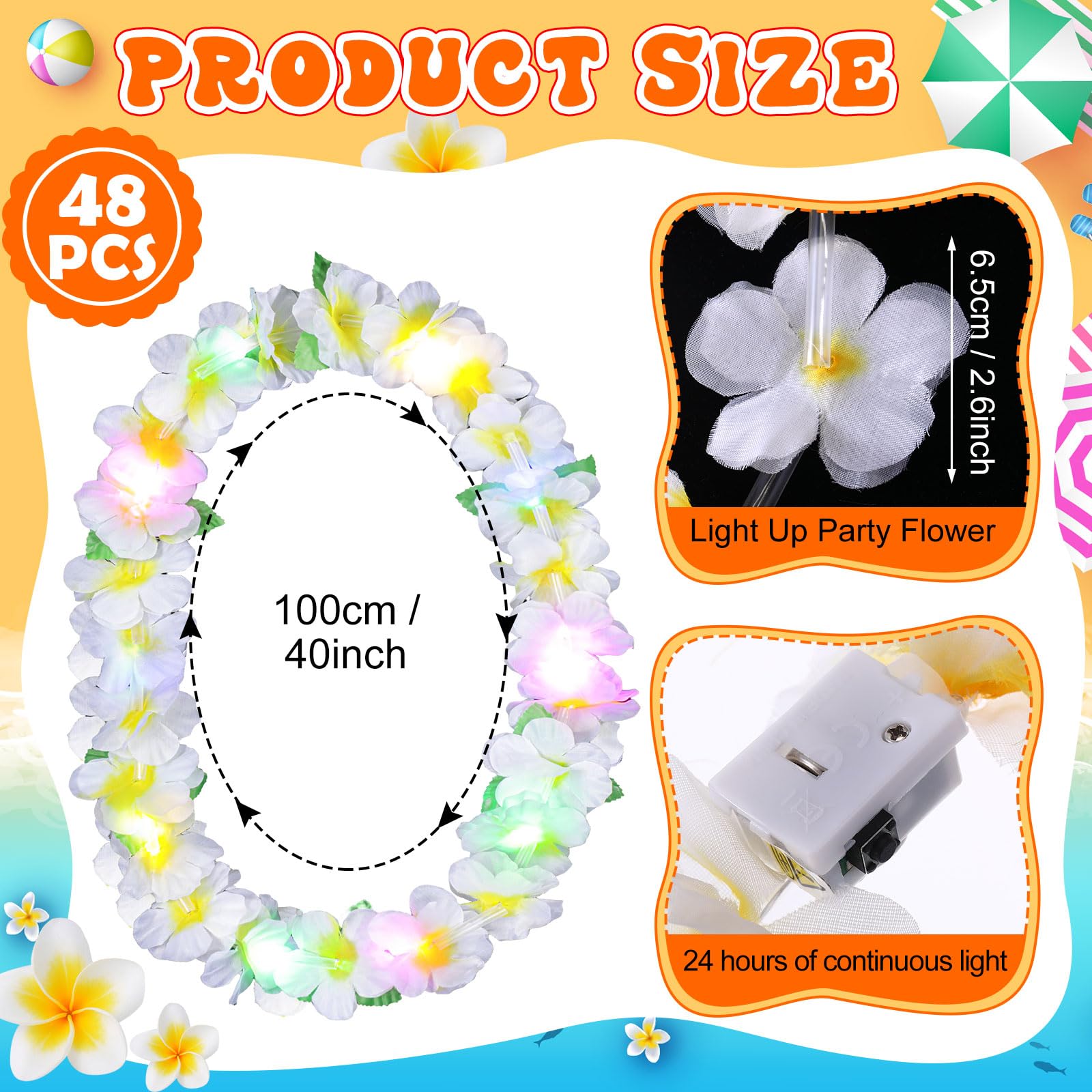 Sherr 48 Pcs LED Hawaiian Leis Luau Party Decorations Light Up Leis Bulk with Green Leaves Tropical Flower Necklaces for Wedding Beach Carnival Summer Birthday Supplies Party Favors
