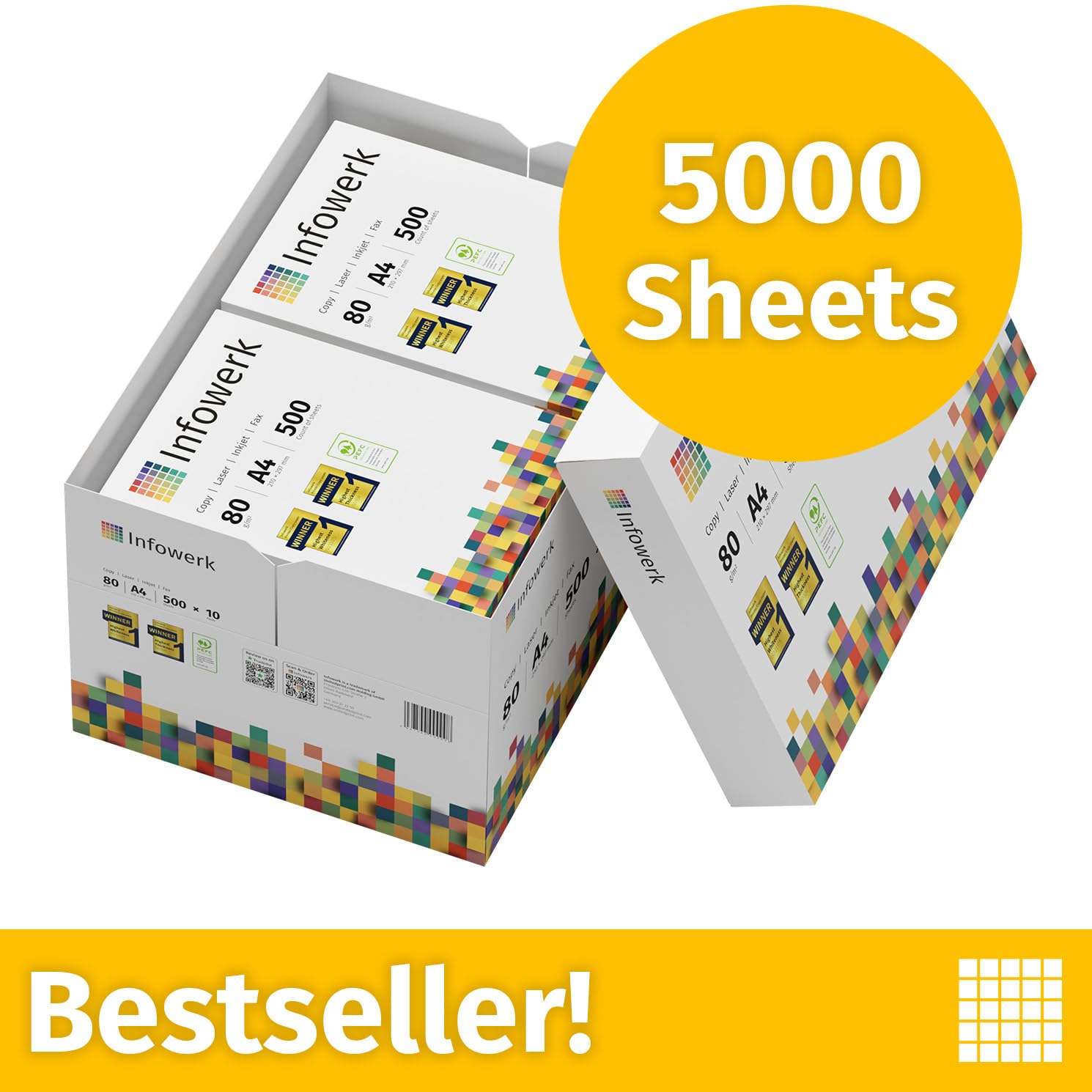 Papel multiusos para impresora, Folios A4, 80g, 5.000 Hojas, 10 Paquetes de 500, Color blanco, PEFC