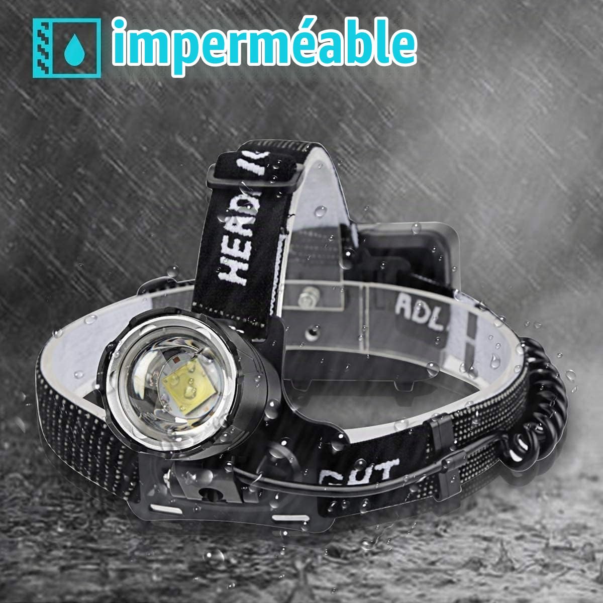 Lampe frontale rechargeable 200000 lumens, lam0pe frontale à LED super brillante XHP70.2, réglage de la mise au point 3 modes phare étanche, fonction banque d'alimentation pour la randonnée en camping