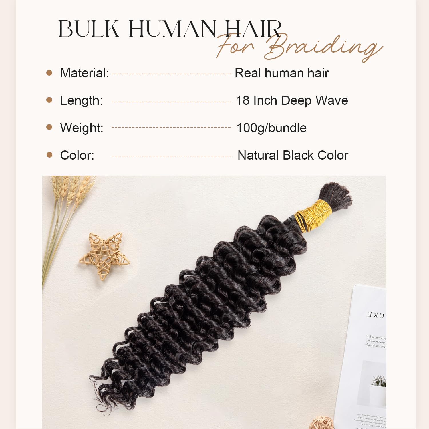 Originea Human Braiding Hair Deep Water Wave Bulk Human Hair for Braiding Curly Human Hair Extensions for Boho Braids (18Inch 100g) - Image 2