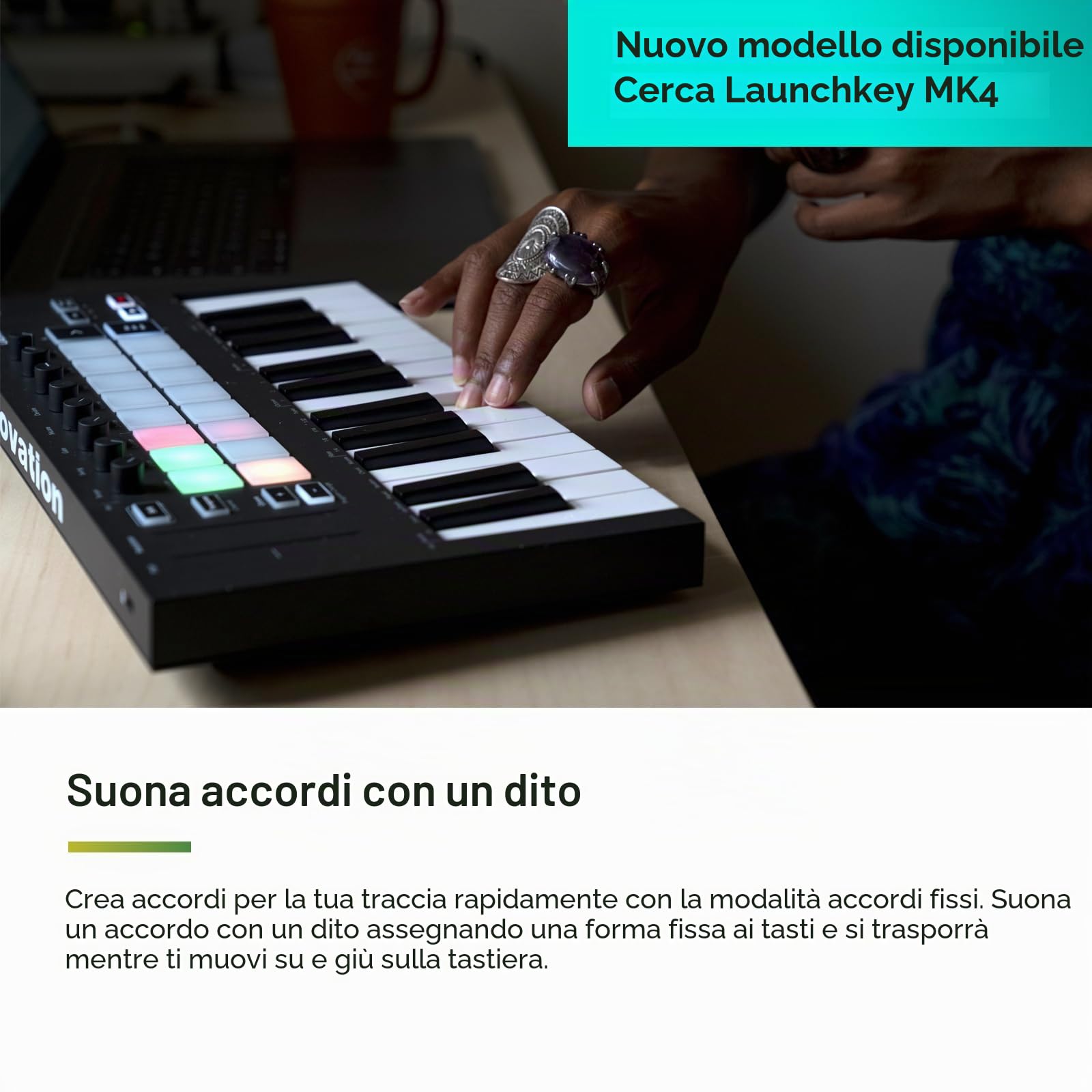 Novation Launchkey Mini (MK3), controller di tastiera MIDI portatile, USB con integrazione DAW, modalità accordi fissi e arppegiatore per la produzione musicale, Mini a 25 tasti