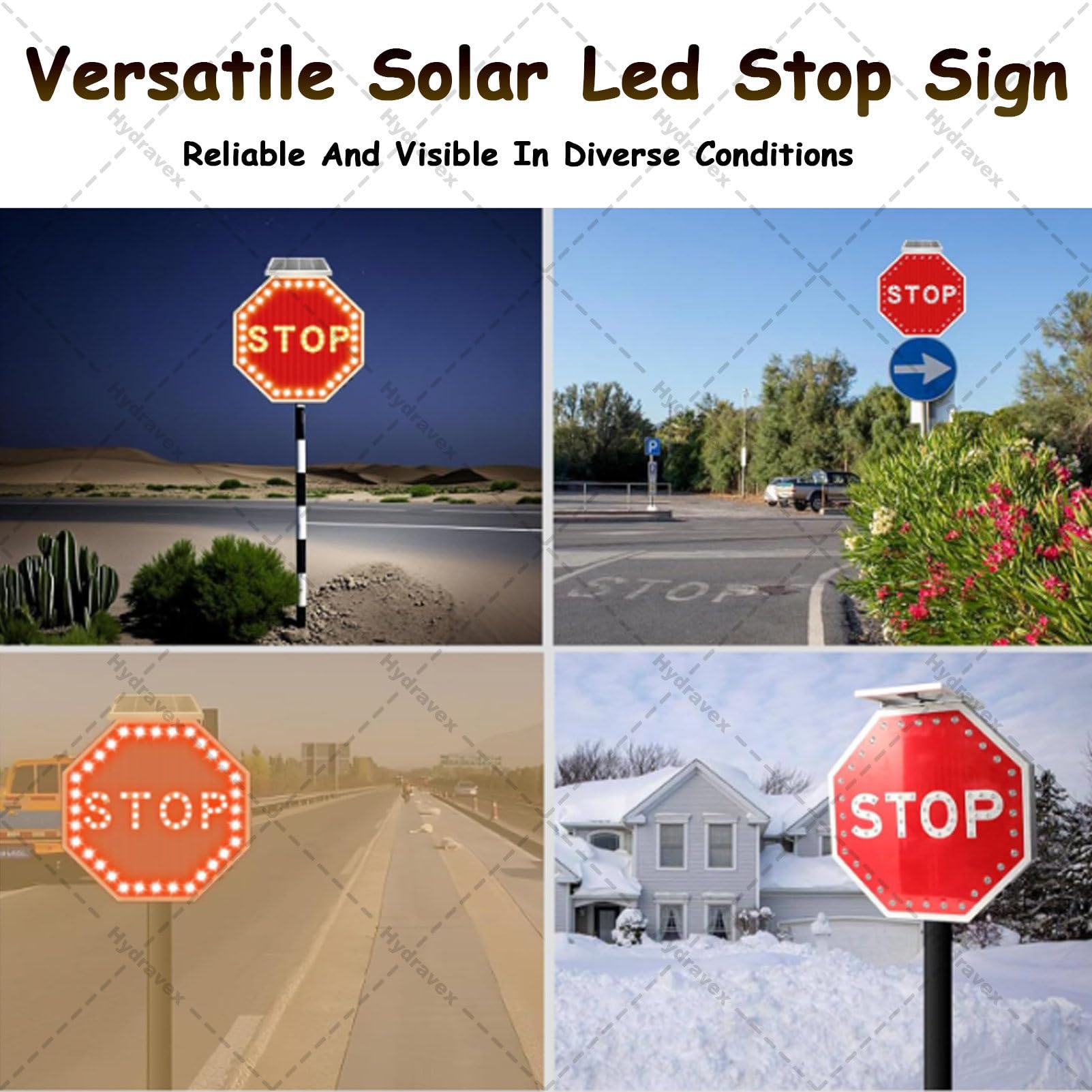 Señal de parada LED solar, señal de advertencia de tráfico parpadeante, señal de carretera iluminada de aluminio, IP65 impermeable