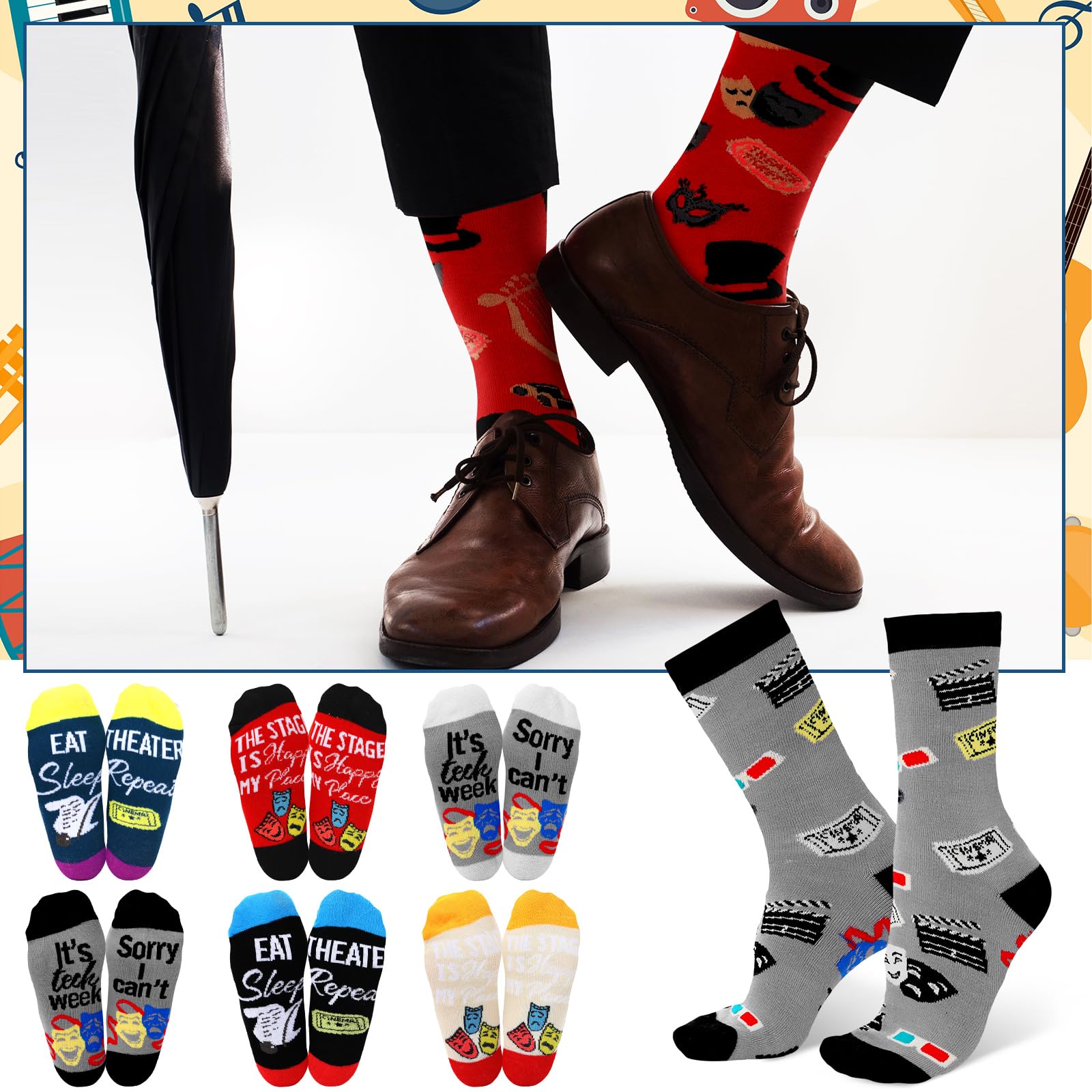 Glitopper 6 Pairs Funny Theatre Socks for Men Women Gifts Clothing Broadway Musical Theater Lover Gifts Drama Socks