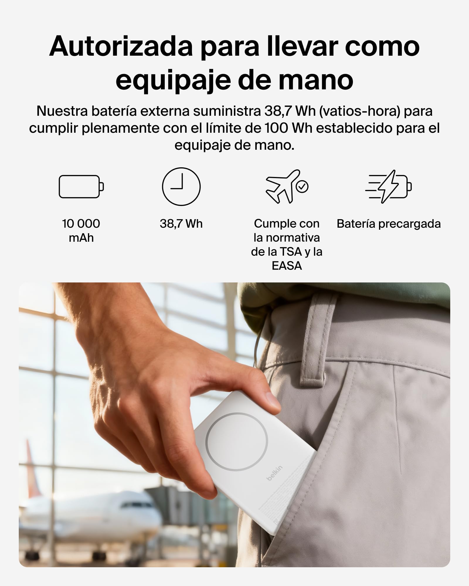 Belkin BoostCharge Batería Externa Magnética Delgada 10000mAh - Blanco | Power Bank con Soporte, Anillo Magnético, 1 Puerto USB-C, Cable Incluido, Autorizada como Equipaje de Mano, Batería Portátil