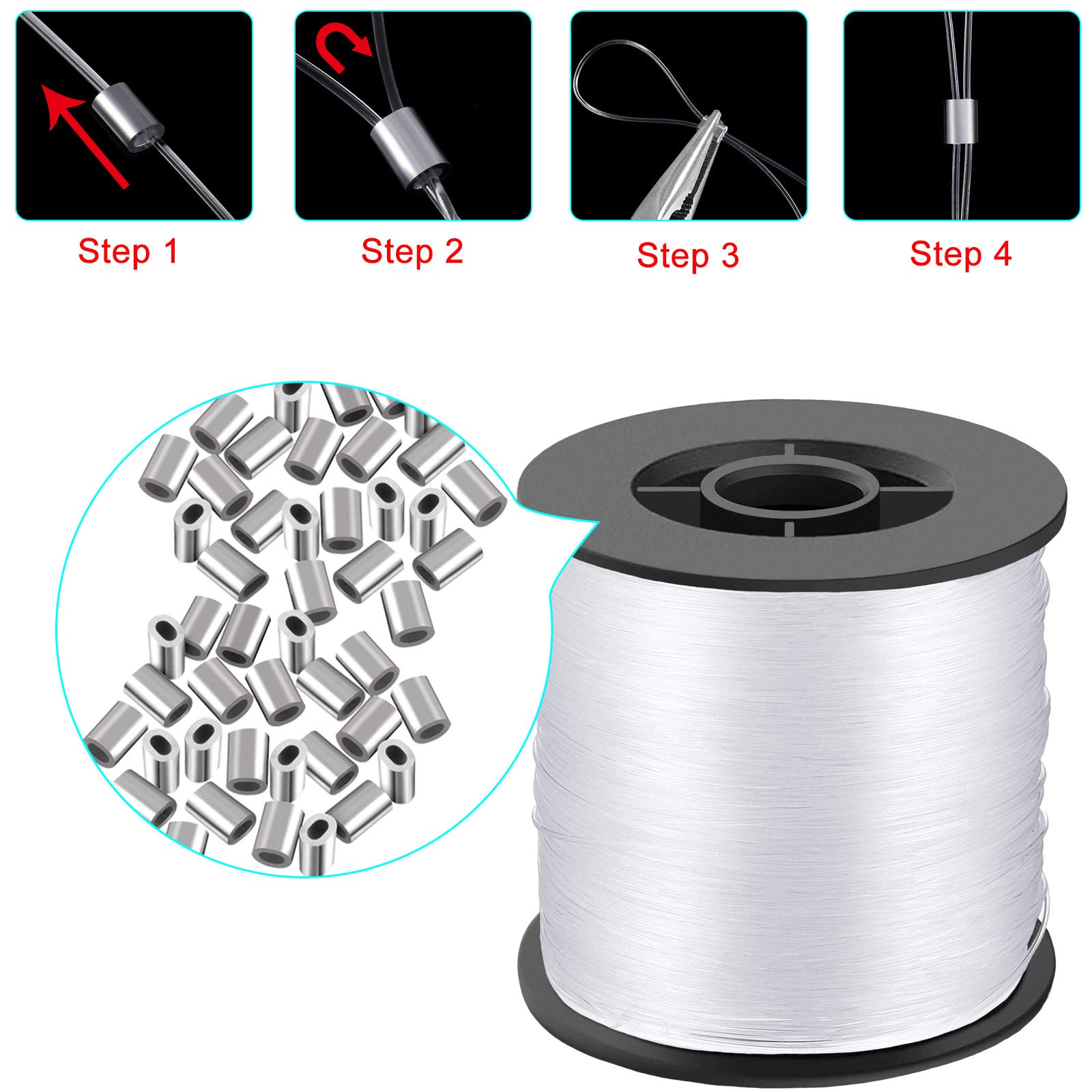 Fil De Suspension Invisible 30 M - Nylon Transparent Supportant 27.2 Kg Avec 40 Manchons Aluminium | Pour Cadres, Décorations