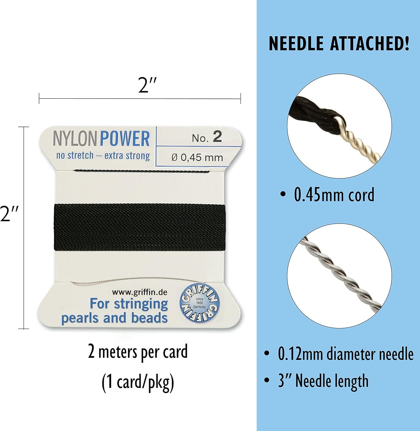 Griffin Bead Cord Nylon Black #2 - Griffin NylonPower with Stainless Steel Needle Attached – for Knotting Pearls, Gemstones, Crystals and Beads