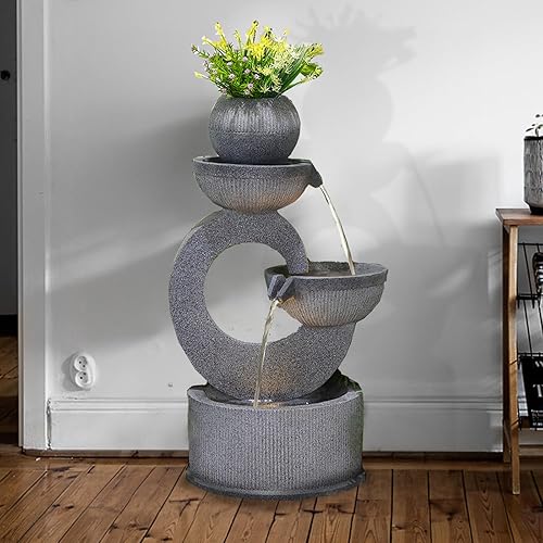 Fuente de agua interior de 35 pulgadas de alto para patio, terraza, porche y decoración de arte del hogar, 4 niveles moderna en cascada grande para