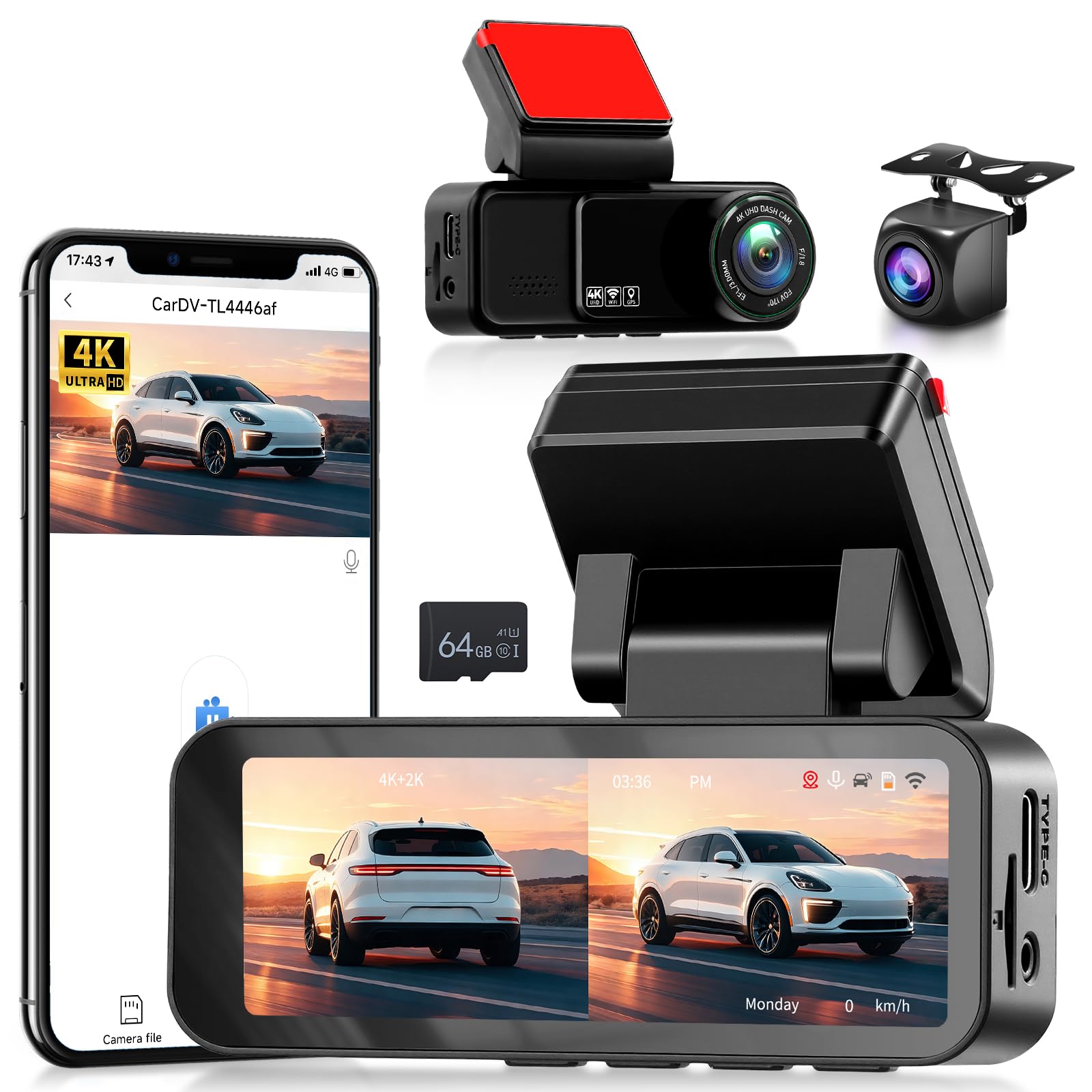 Hodozzy Dashcam Cámara Frontal 4K y Cámara Trasera 2K, Pantalla 3,16 Pulgadas, Cámara para Salpicadero de Coche, WiFi y App, ADAS BSD y LCA, Sensor G, Grabación en Bucle, Monitor en Modo Aparcamiento