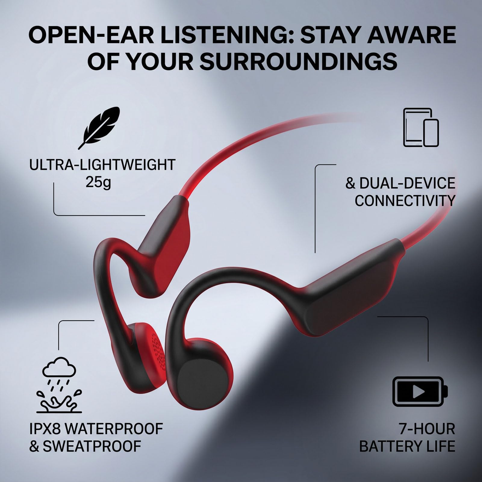 Cuffie a Conduzione Ossea, Bluetooth 5.4 Impermeabili (rosso)