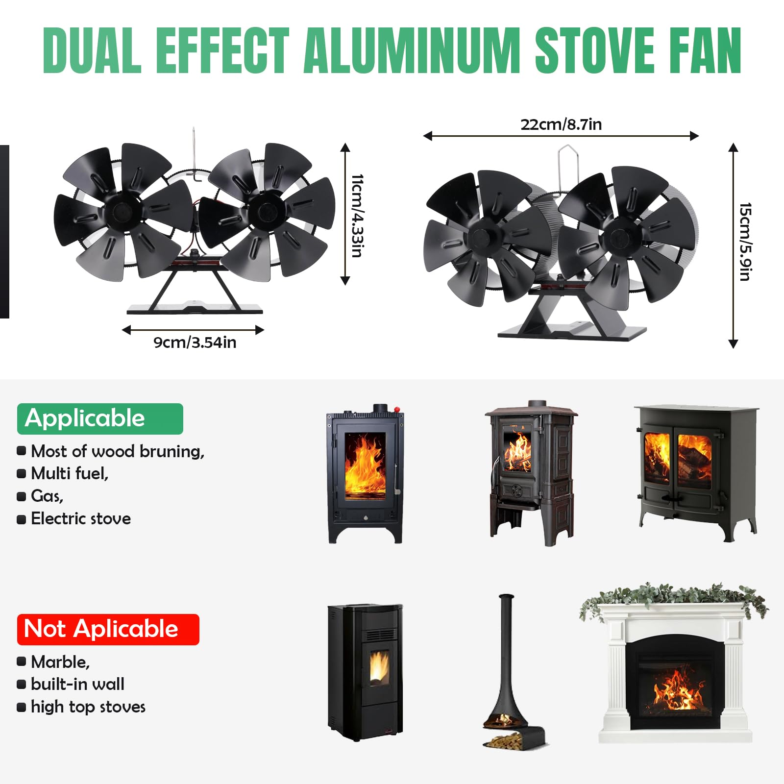 12 PáGinas Ventilador de Chimenea, No Eléctrico Ventilador de Estufa de Leña, Doble Motor Ventilador de Estufa de Lena Silencioso para Estufas de Leña de Leña/Leña/Chimenea/Estufa