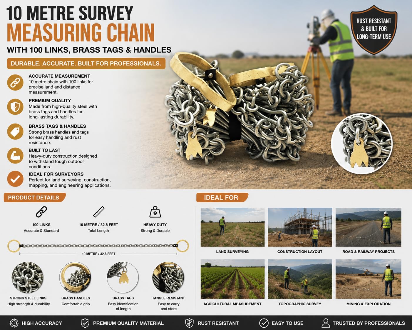 Comprehensive 10-Meter Surveyor's Chain: 50-Link Design with 10 Marking Arrows By TENABLE NAUTICAL MART 1