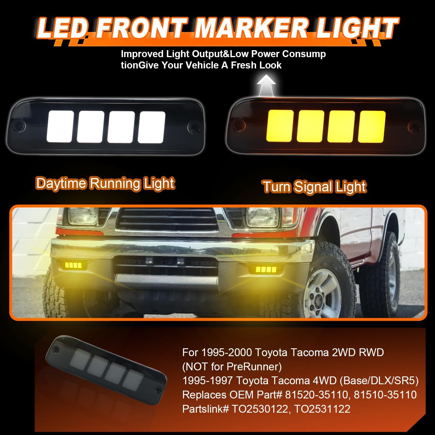LED Front Fog Lamps for Toyota Tacoma 2WD 1995-2000 / Tacoma 4WD 1995-1997 with Daytime Running Light DRL & Amber Turn Signal Lamp, Indicator Fog Light Replaces# 81520-35110 TO2530122