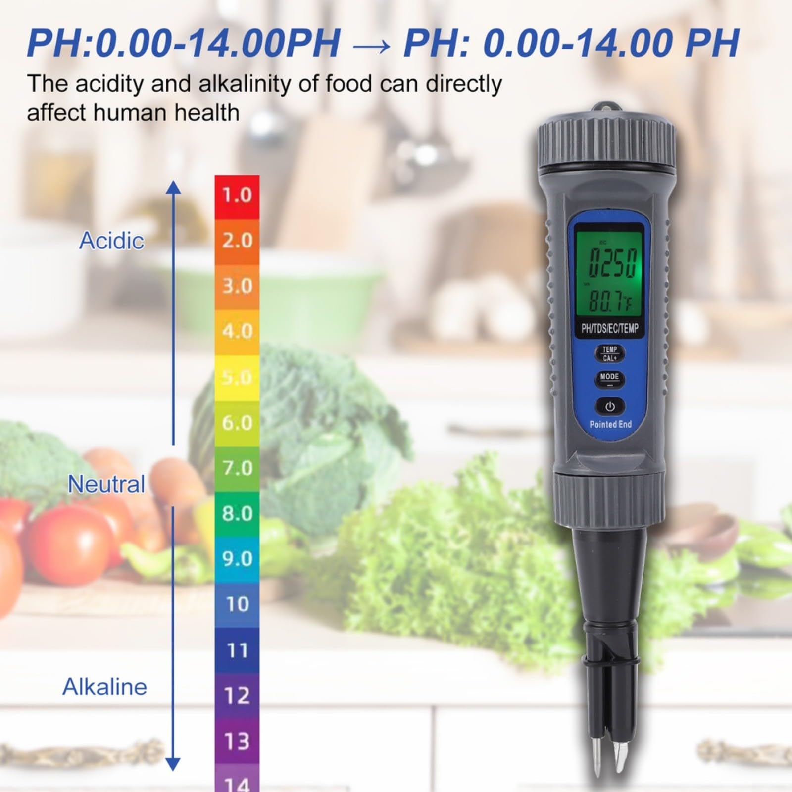 Probador de pH profesional 4 en 1 para industria alimentaria y acuática, mide la temperatura con pantalla grande