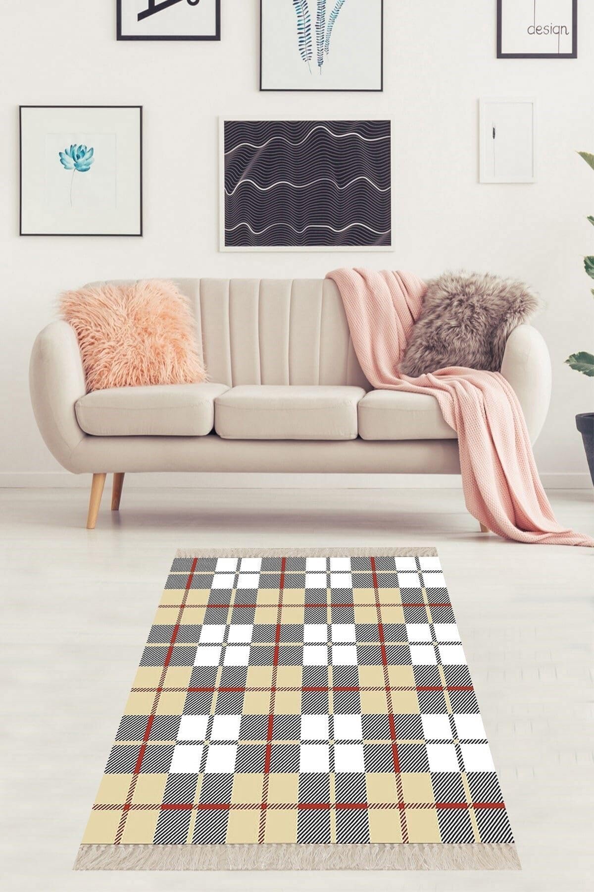 Pelangi Ekose Desenli Dijital Baskı Yıkanabilir Kaymaz Taban Etnik Salon Halısı Ve Yolluk, Vizon 160 x 250
