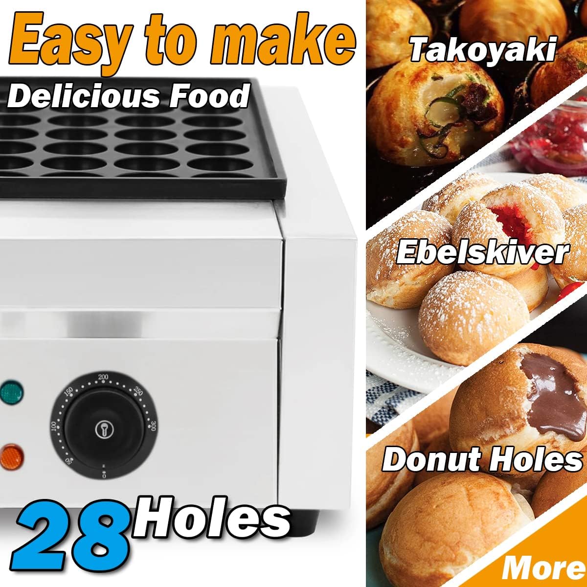 Takoyaki Maker Commercial Ebelskiver Pan 28 Holes Electric Grill Machine for Aebleskiver, Cake Pops, Pancake Balls, Donut Holes, 2000W, 110V