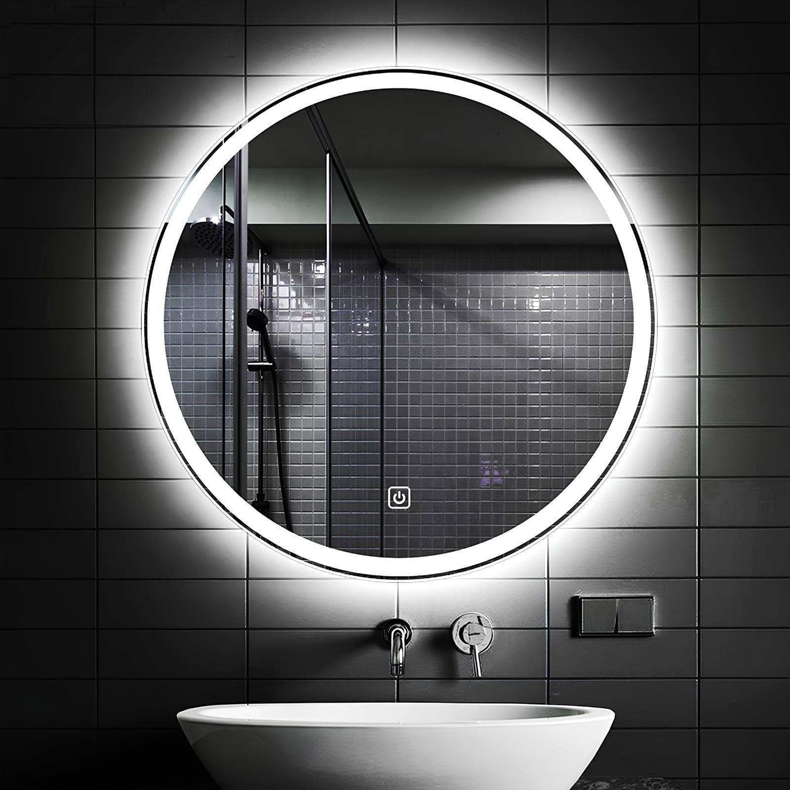 LTSRLL Anti-Fog Round Bathroom Mirror With LED Lights Wall-Mounted Metal Frame Vanity Mirror For Home Gym, Bedroom, Door(Black,70cm/27.5in)