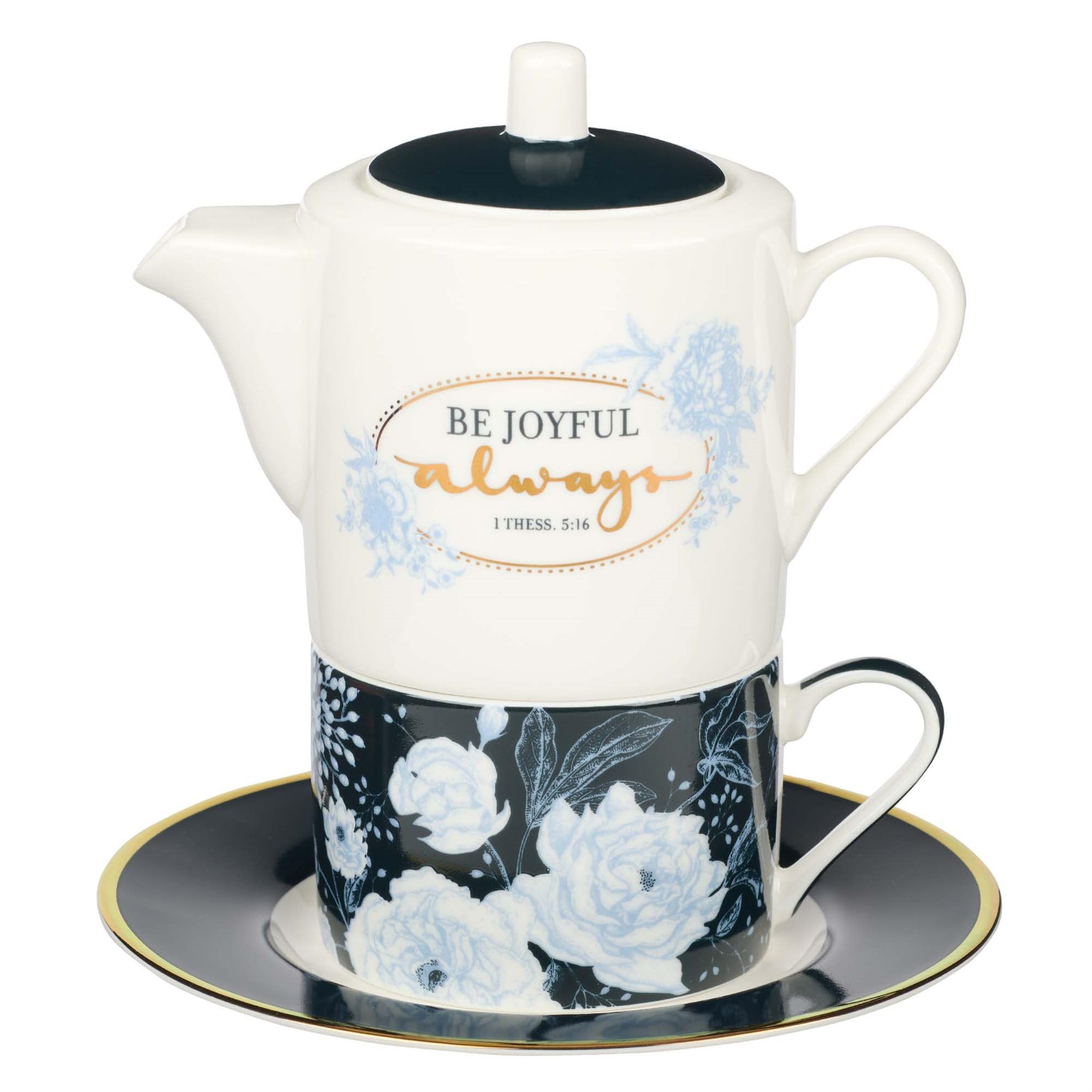 Christian Art Gifts Ceramic Teapot Set Be Joyful Always 1 Thessalonians 5:16 Flowers Tea For One Set with Tea Cup and Saucer For Women