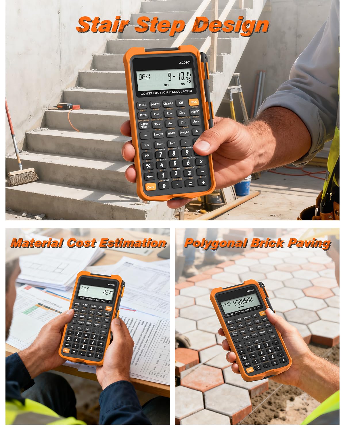 Calculadora de construcción con tableta de escritura industrial y científica ROATEE calculadora de ingeniería para contratistas, calculadoras de bolsillo de pies-pulgadas-fracción de hormigón para