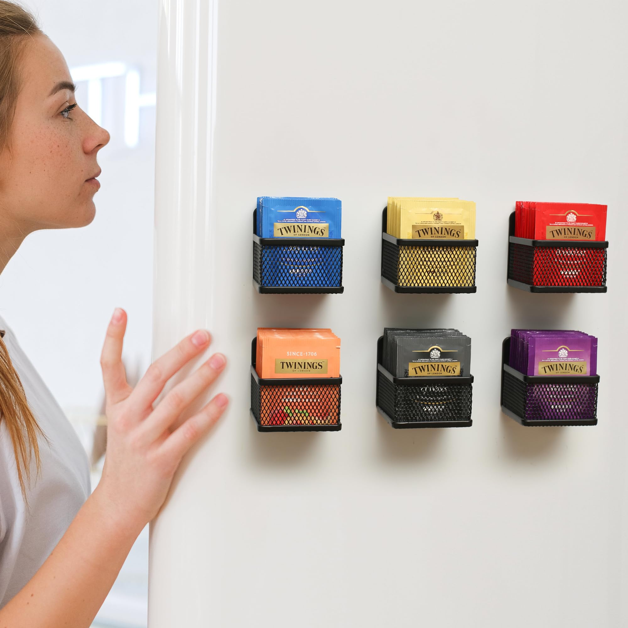 Magnetic Tea Bag Organizer, 6-Piece Metal Tea Organizers and Storage for Refrigerator, Counter or Kitchen Shelf, Idea Tea Gift for Tea Lovers, small, black, DB-1205