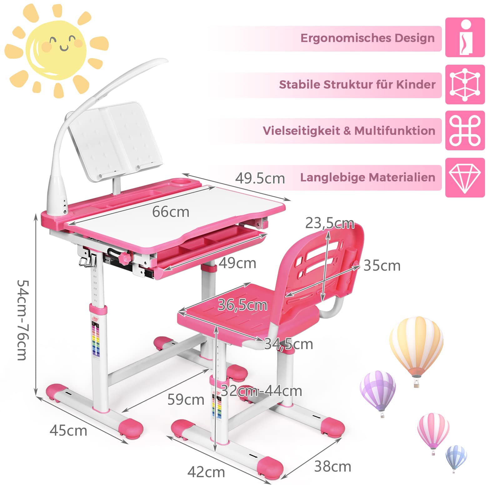 RELAX4LIFE Höhenverstellbarer Kinderschreibtisch mit Stuhl, Schülerschreibtisch mit Augenschutzlampe, Schreibtischset mit Verstellbarer Rückenlehne, Kindertisch mit kippbarer Tischplatte (Rosa)