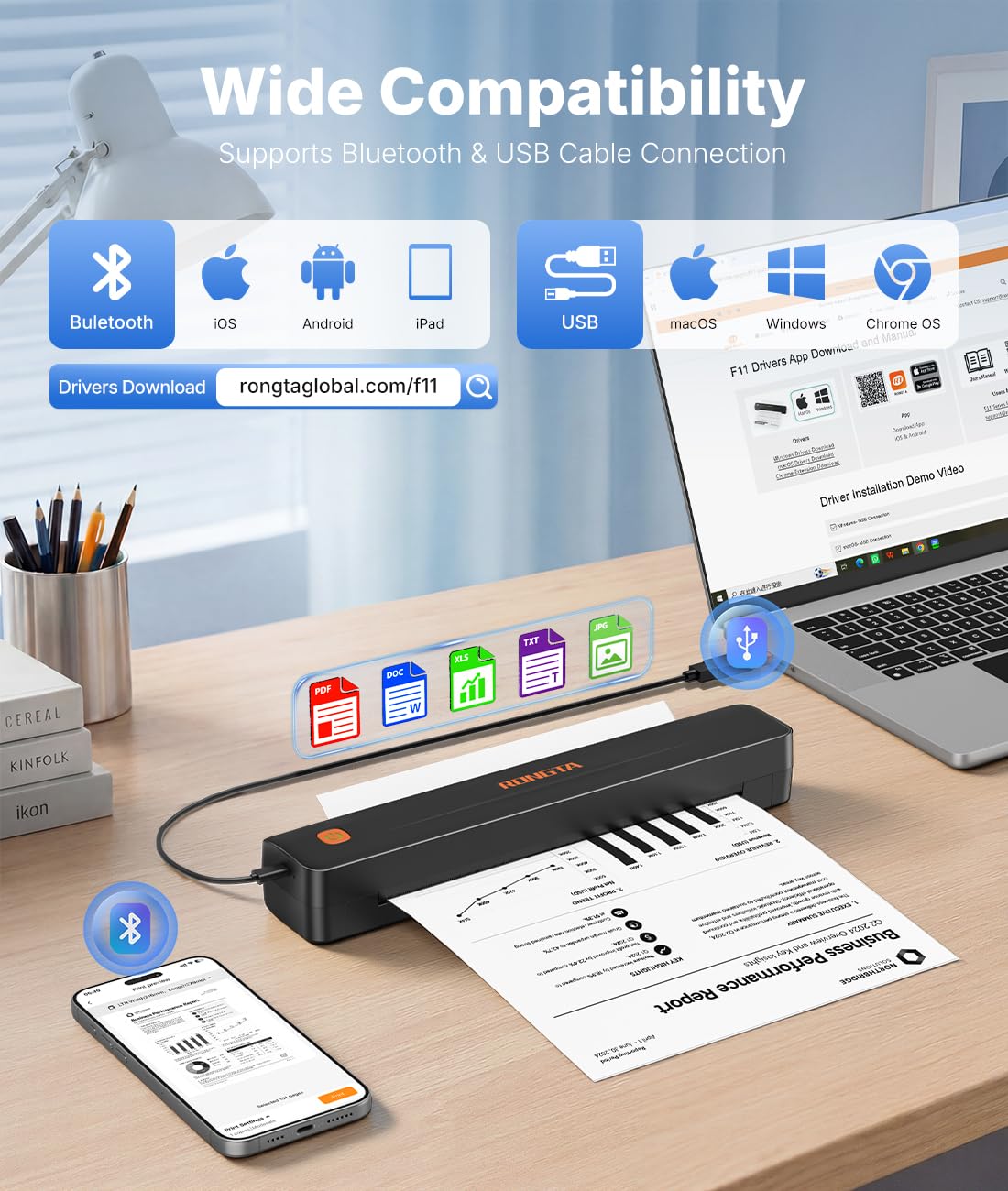 Rongta F11 Impresora térmica portátil inalámbrica para Viajes, Impresora Bluetooth sin Tinta, Compatible con tamaño A4 y Carta de EE. UU., Compatible con teléfonos Android/iOS, Tablet, Mac, Windows