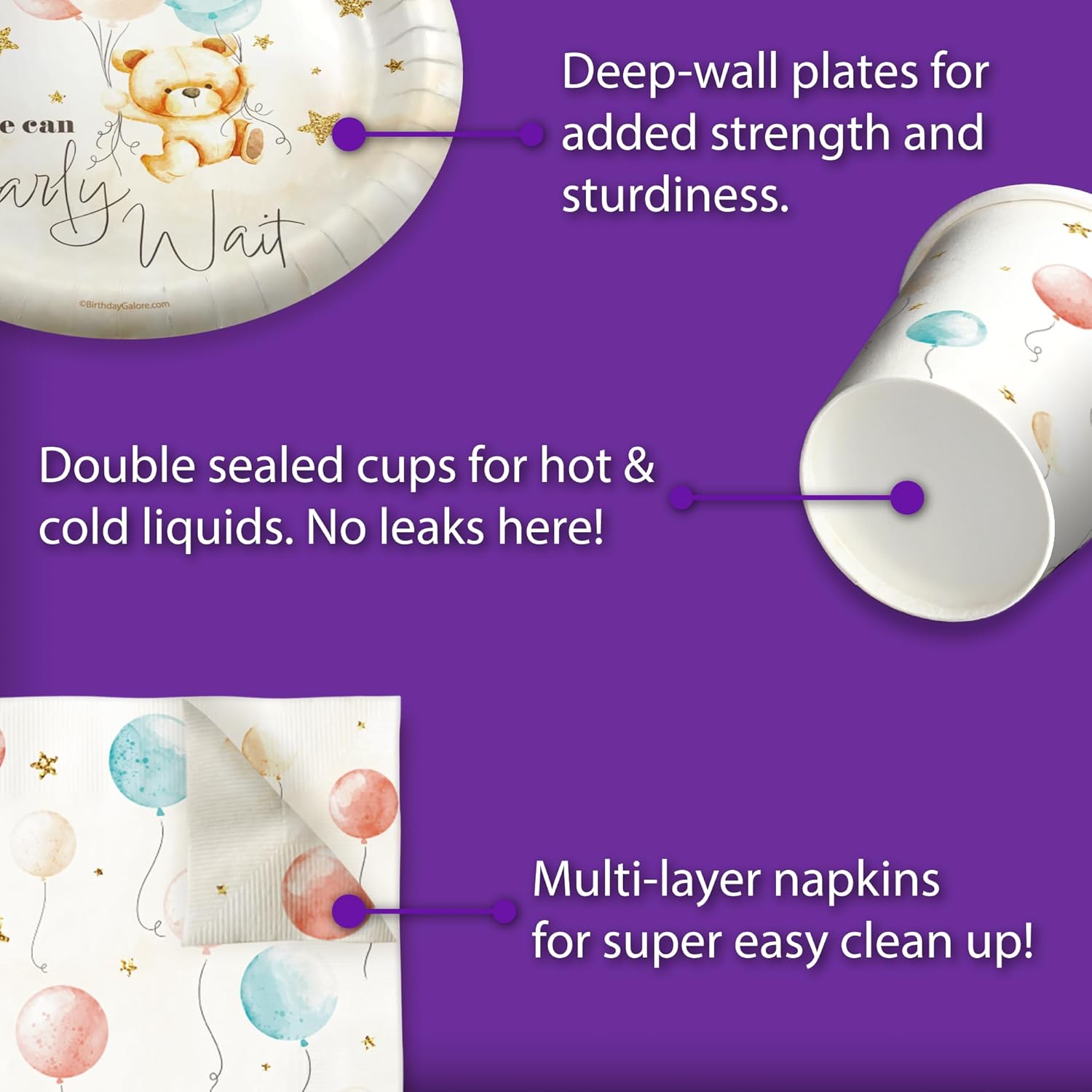 Birthday Galore Twin Teddy Bears Party Supplies - 64 Piece Twins Baby Shower Tableware Set Includes Large 9" Dinner Plates and 8" Dessert Paper Plates Napkins Cups - Kit for 16